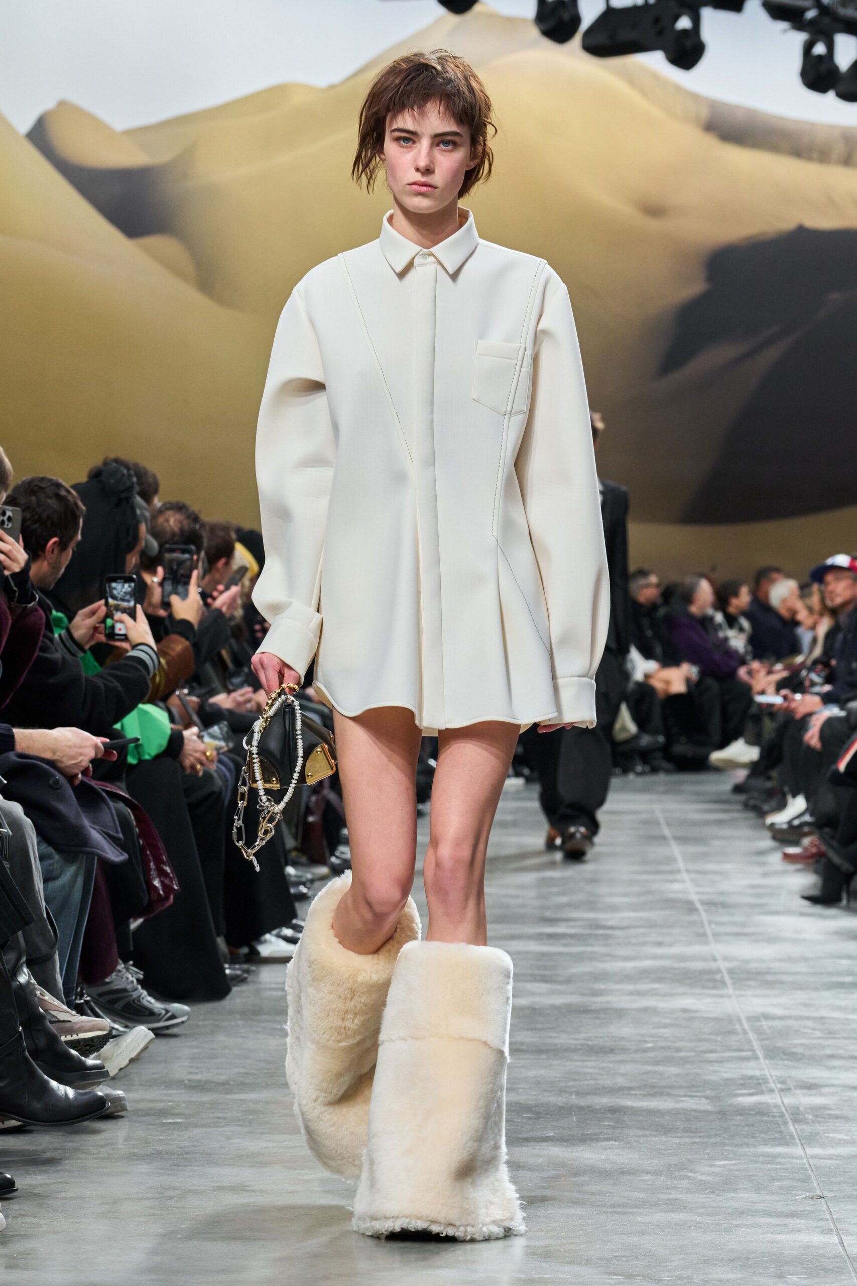 white shirt-dress with fur boots