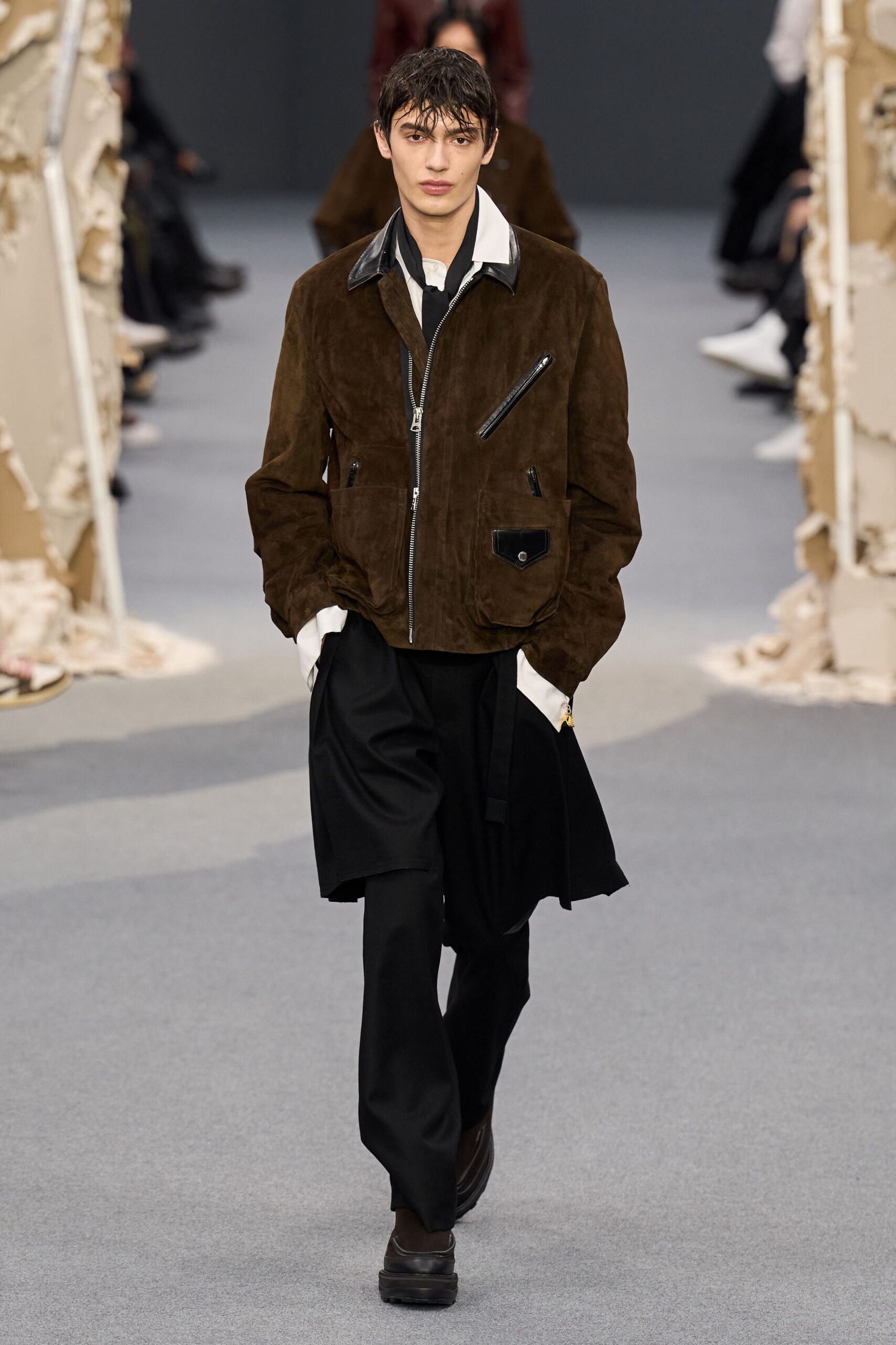 brown suede long-sleeve collared fitted zippered jacket