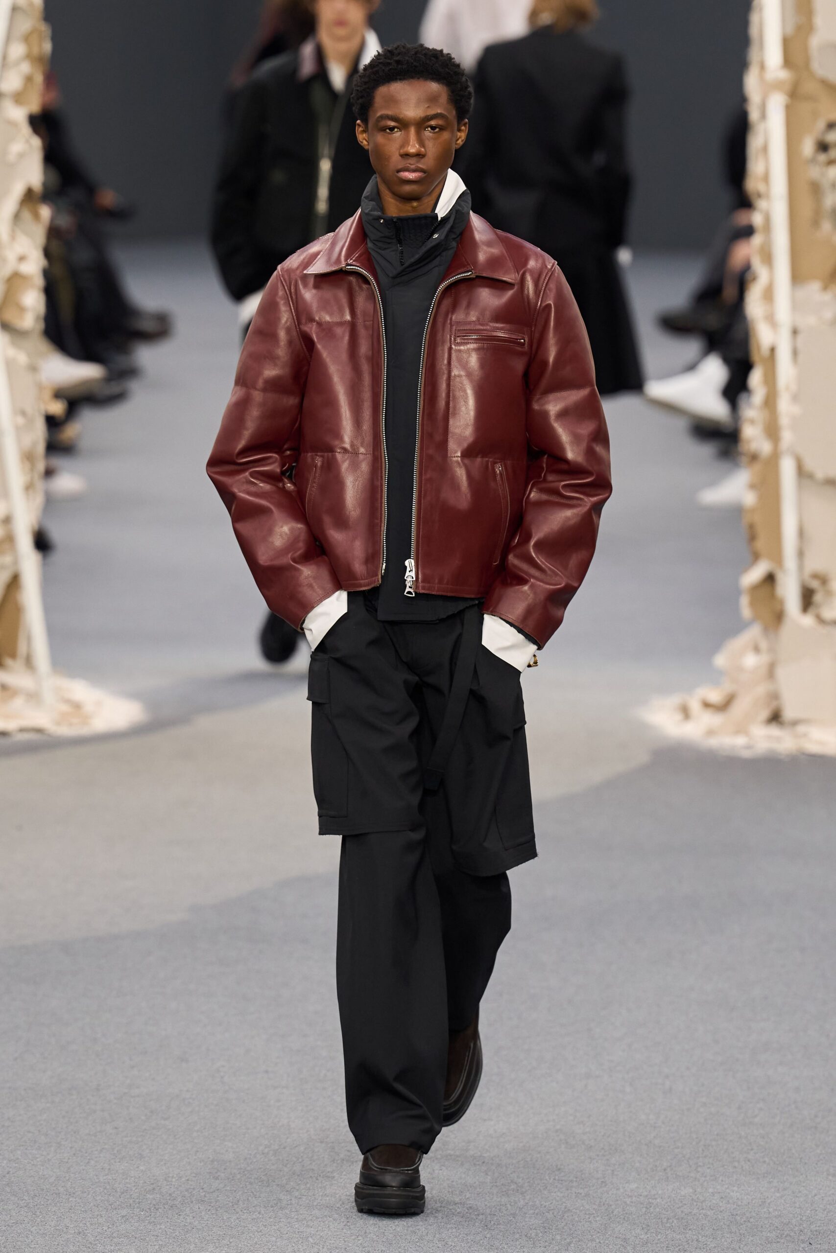 red leather long-sleeve collared fitted jacket