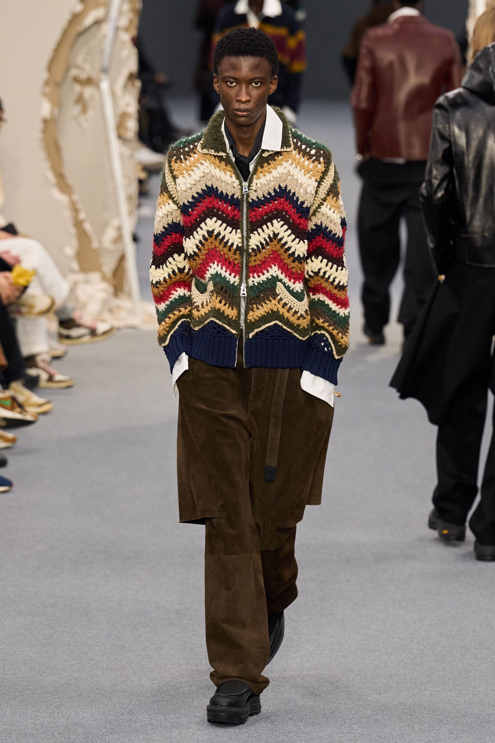 multi wool long-sleeve collared relaxed zigzag sweater