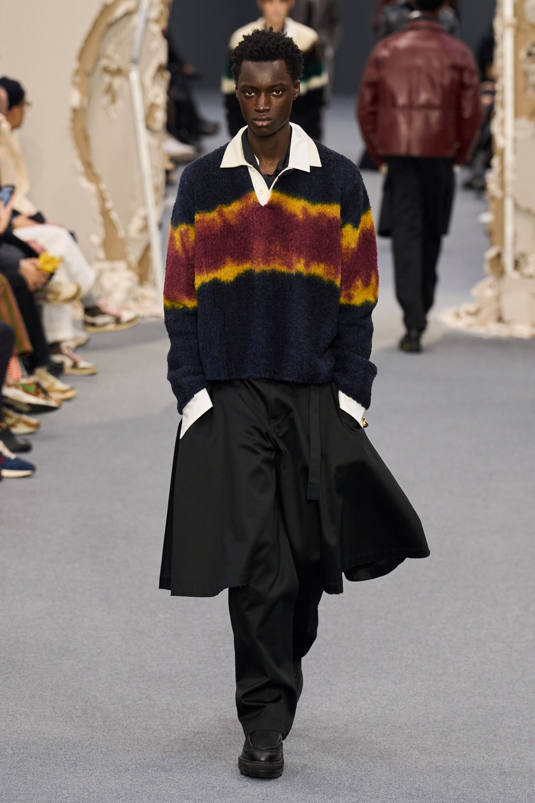 blue wool long-sleeve collared relaxed color-blocked sweater