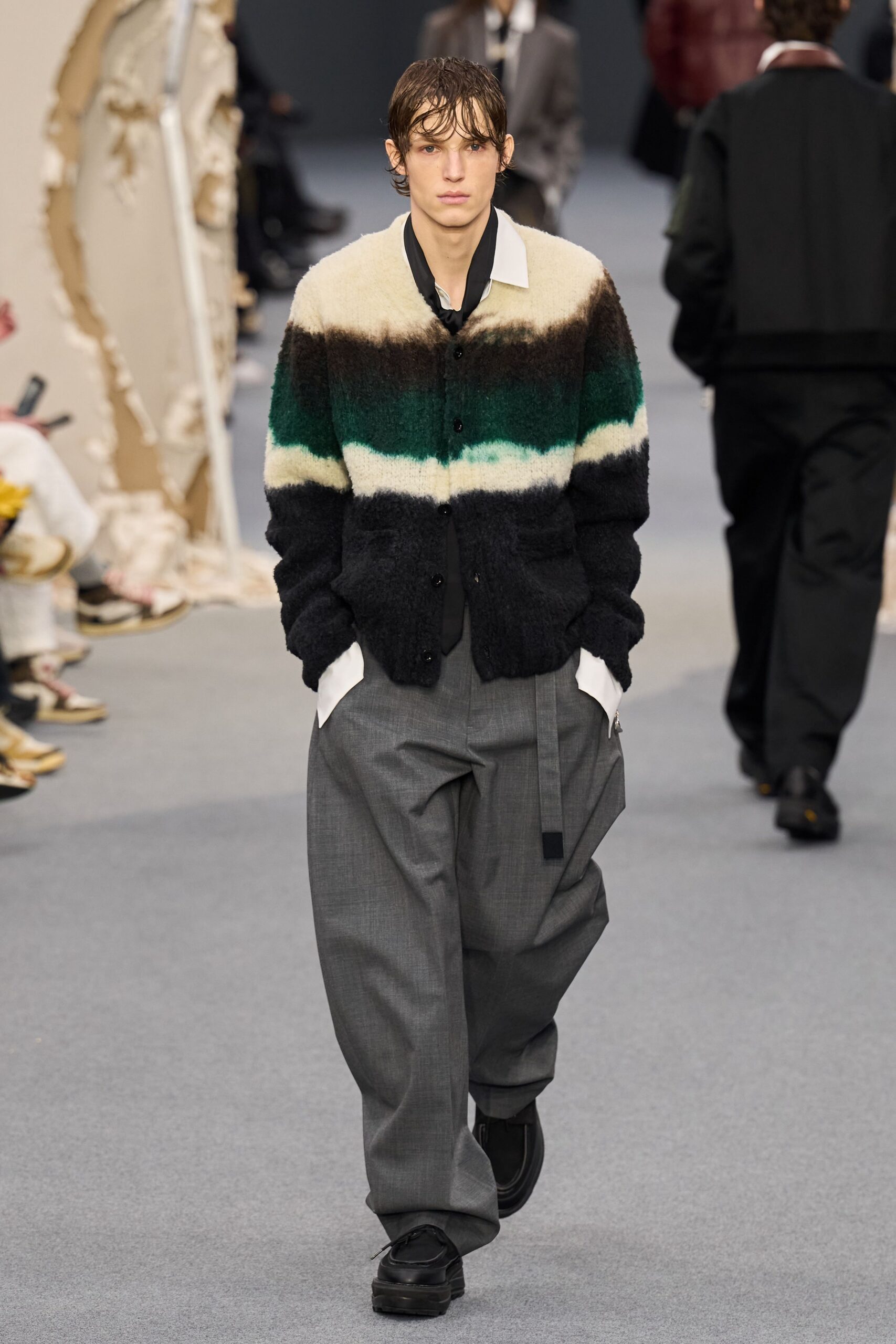 black wool long-sleeve collared relaxed color-blocked cardigan