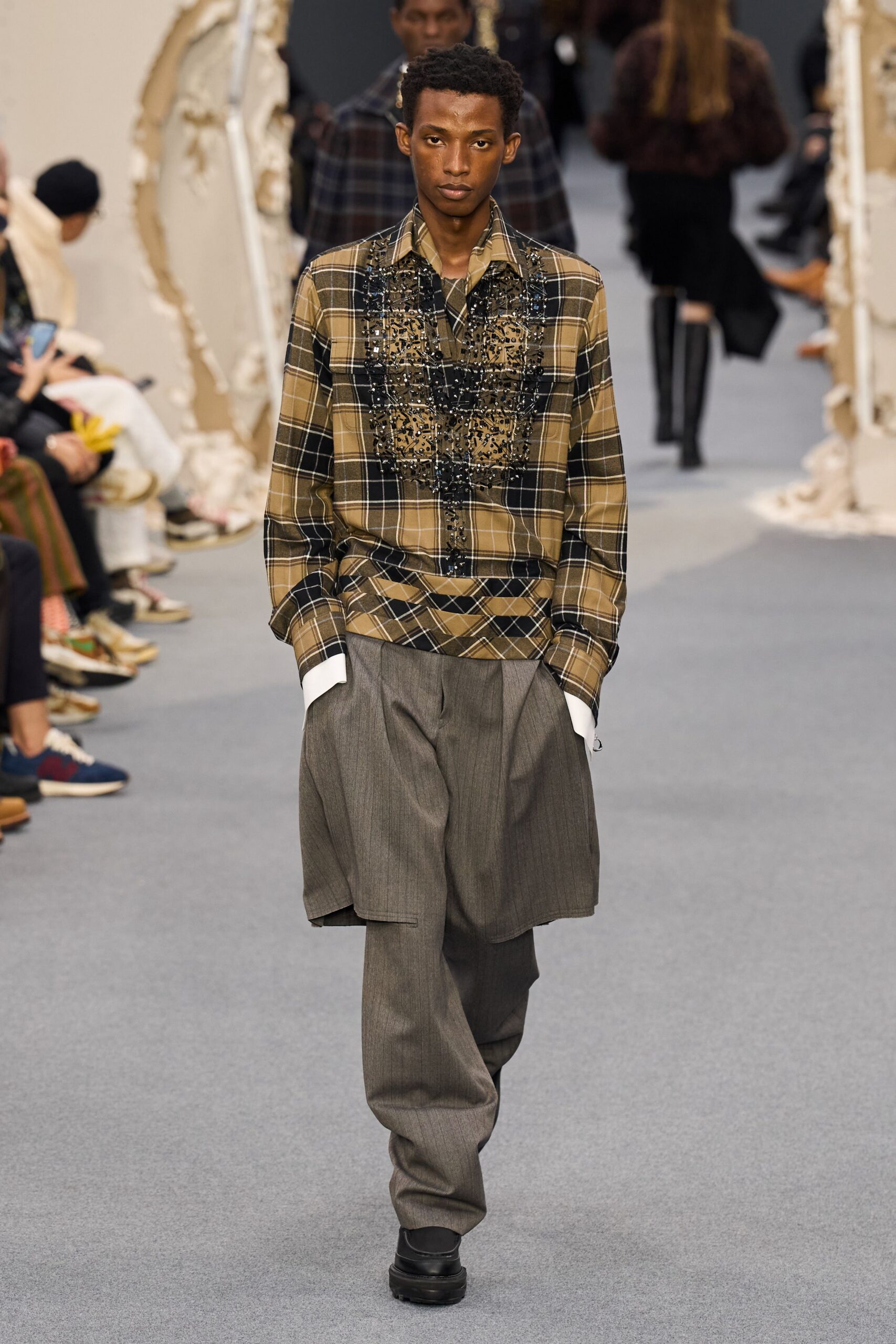 brown checked shirt gray pants