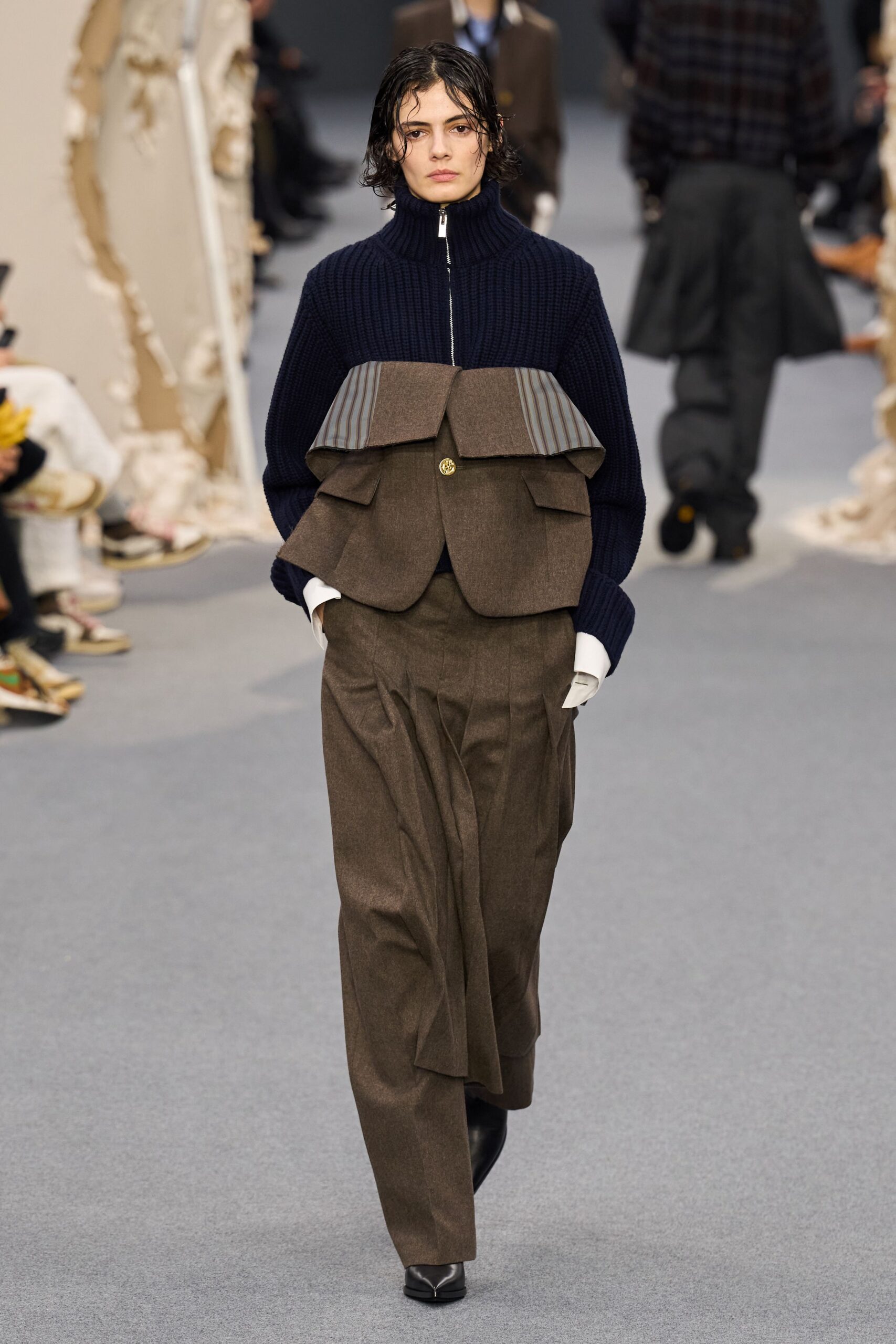 blue wool long-sleeve collared structured layered buttoned jacket