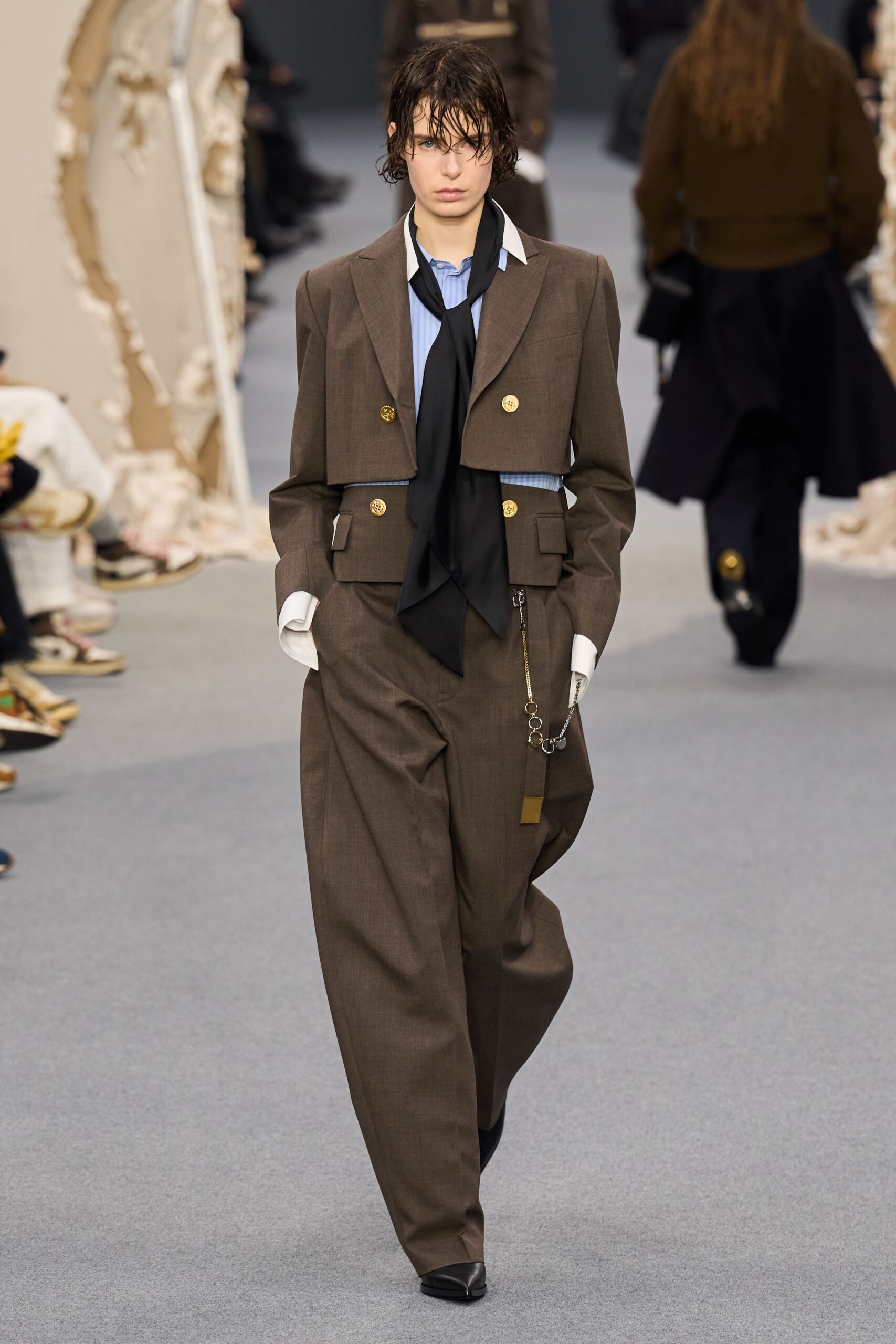 brown wool short-sleeve collared structured buttoned blazer