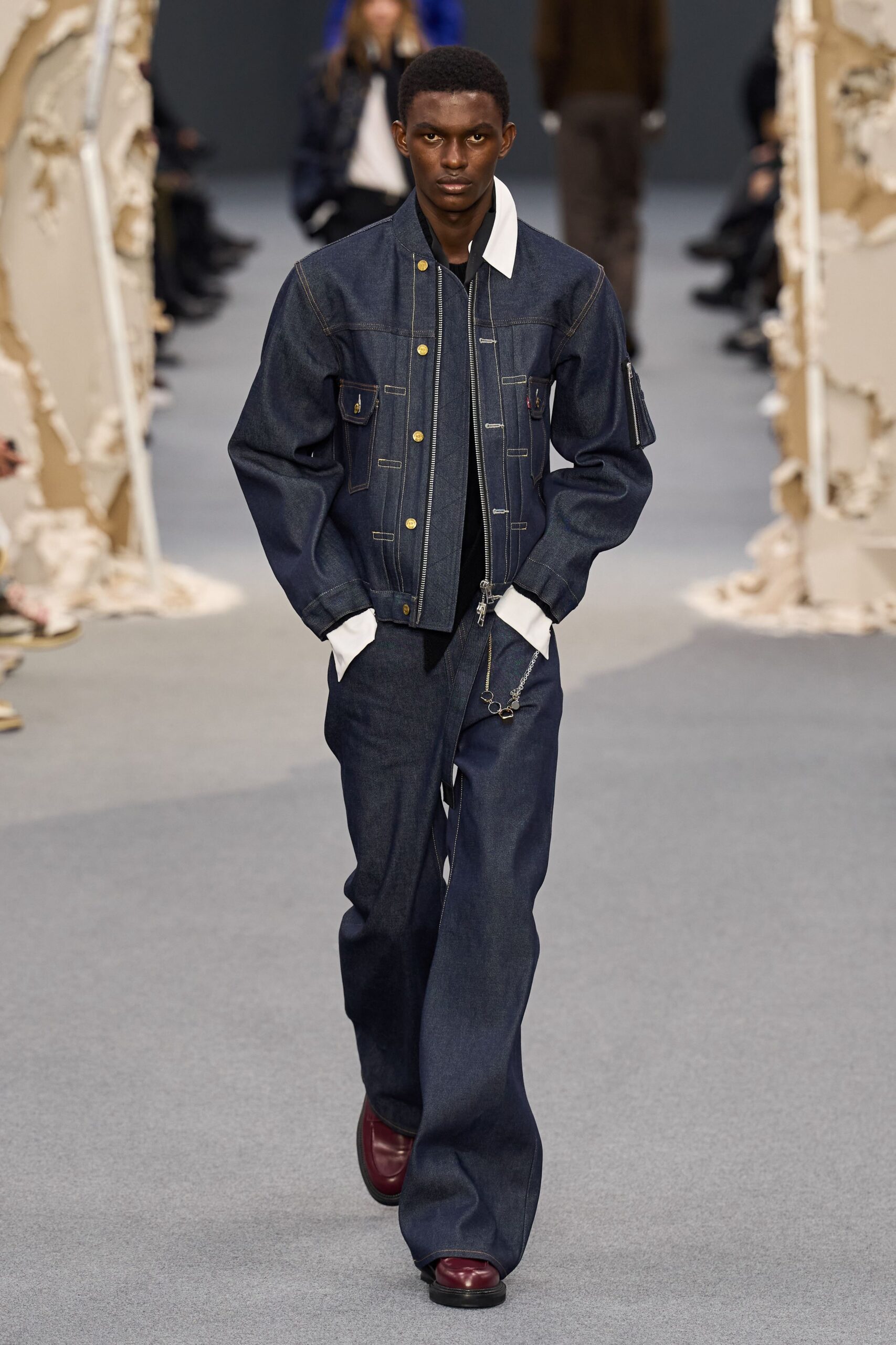 blue denim jacket with white shirt