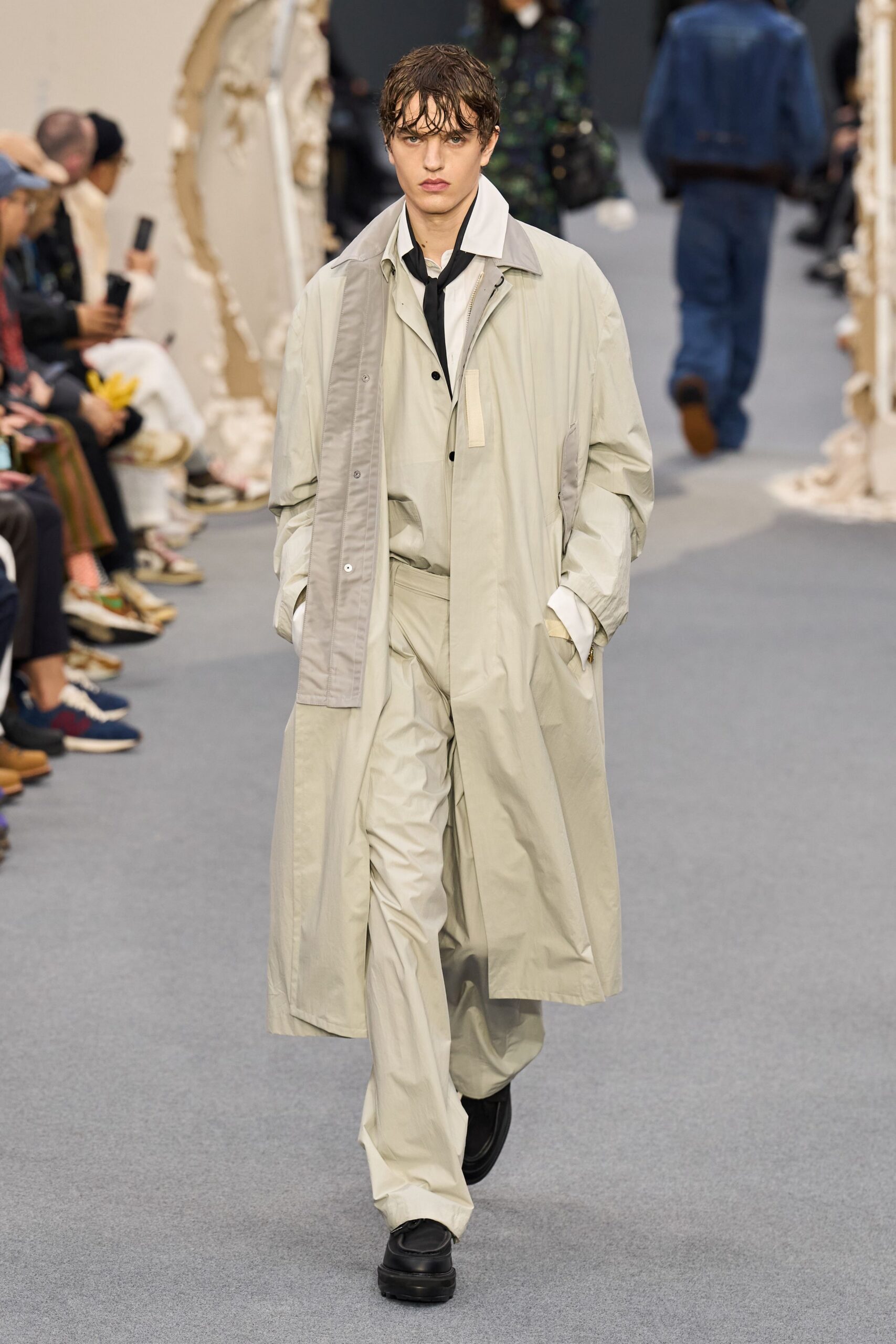 beige cotton long-sleeve collared relaxed buttoned maxi coat