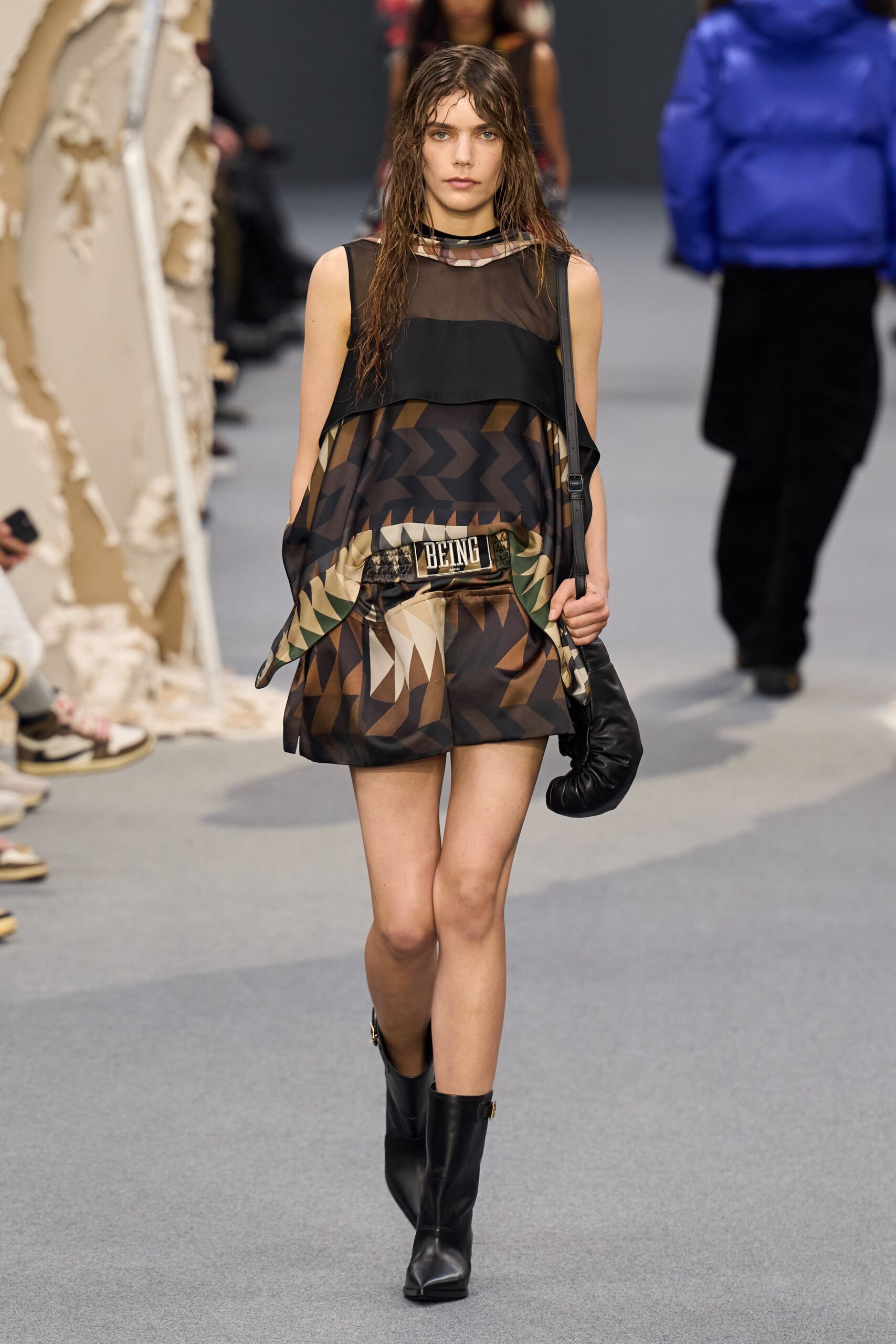black silk sleeveless v-neck fitted printed mini dress