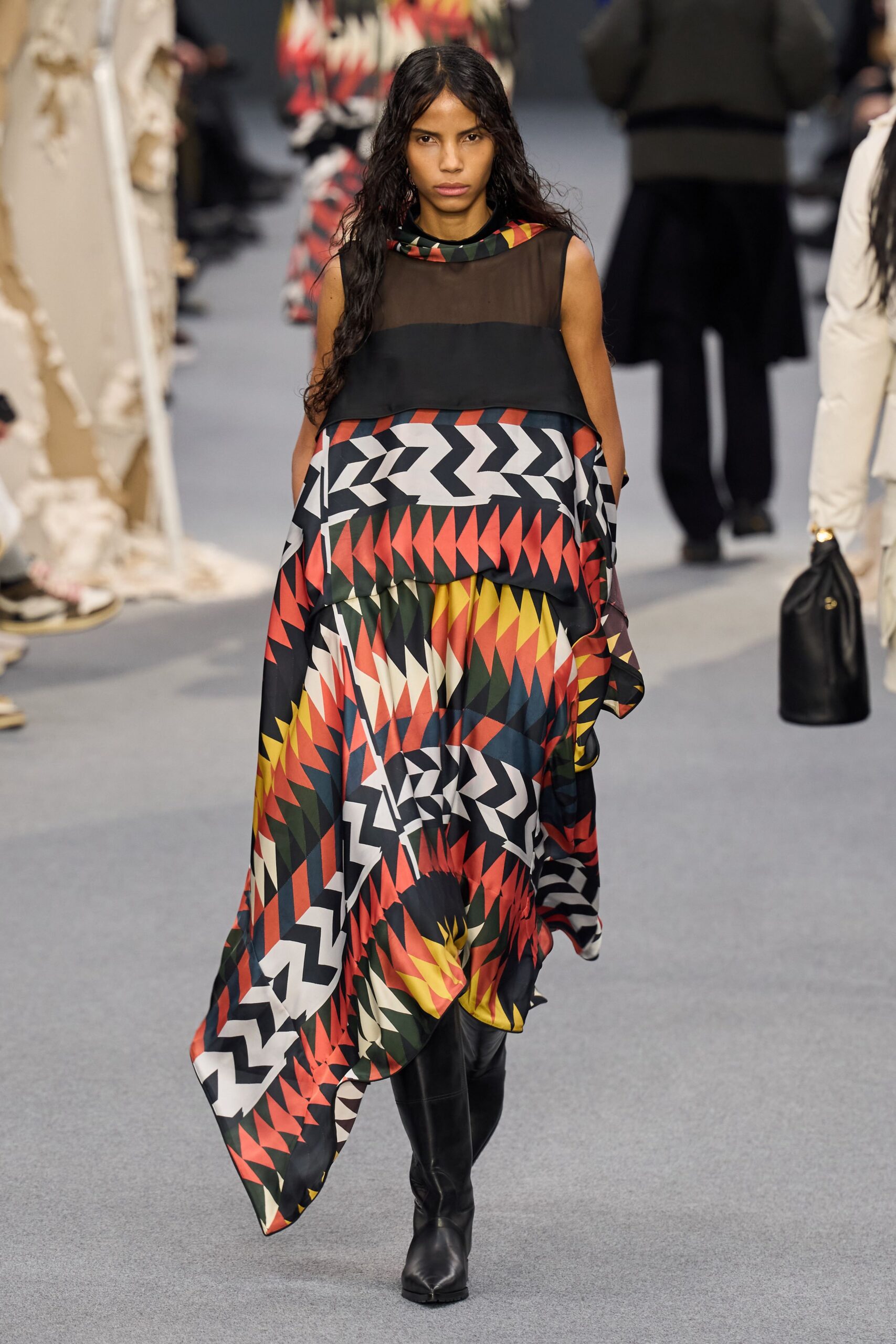 black silk sleeveless high-neck relaxed printed draped dress