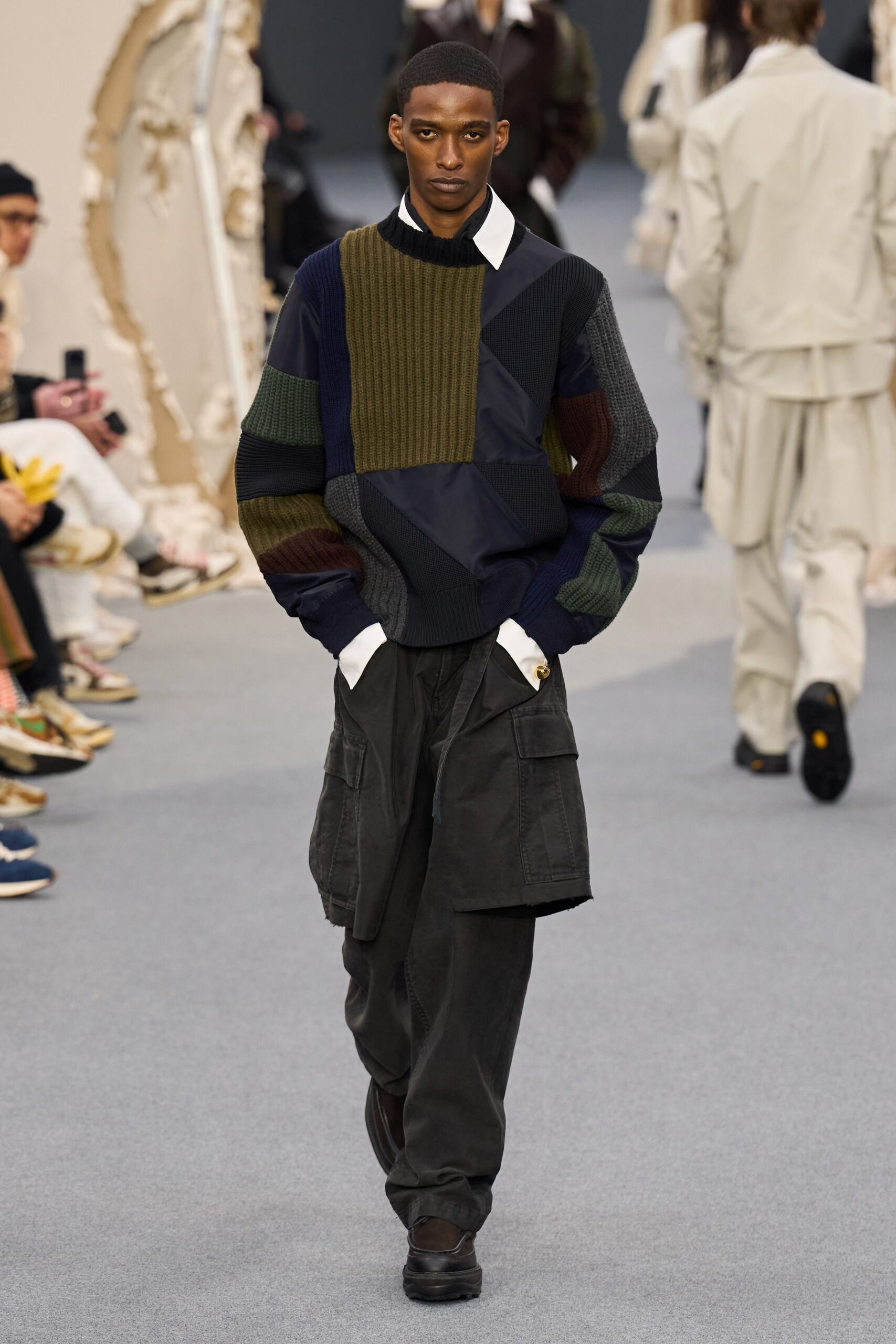 black cotton long-sleeve collared relaxed color-blocked sweater