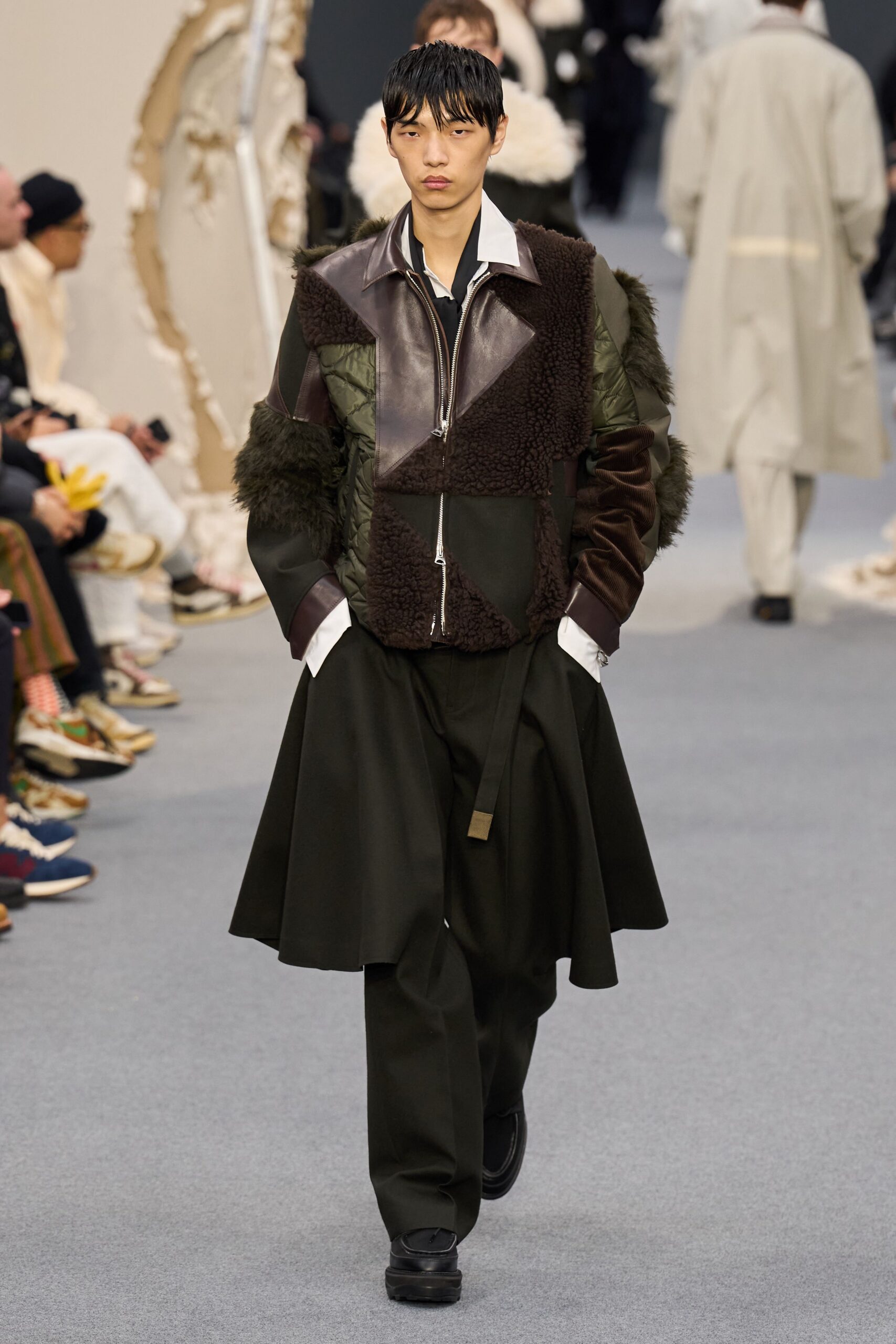 brown leather long-sleeve collared fitted zippered layered jacket