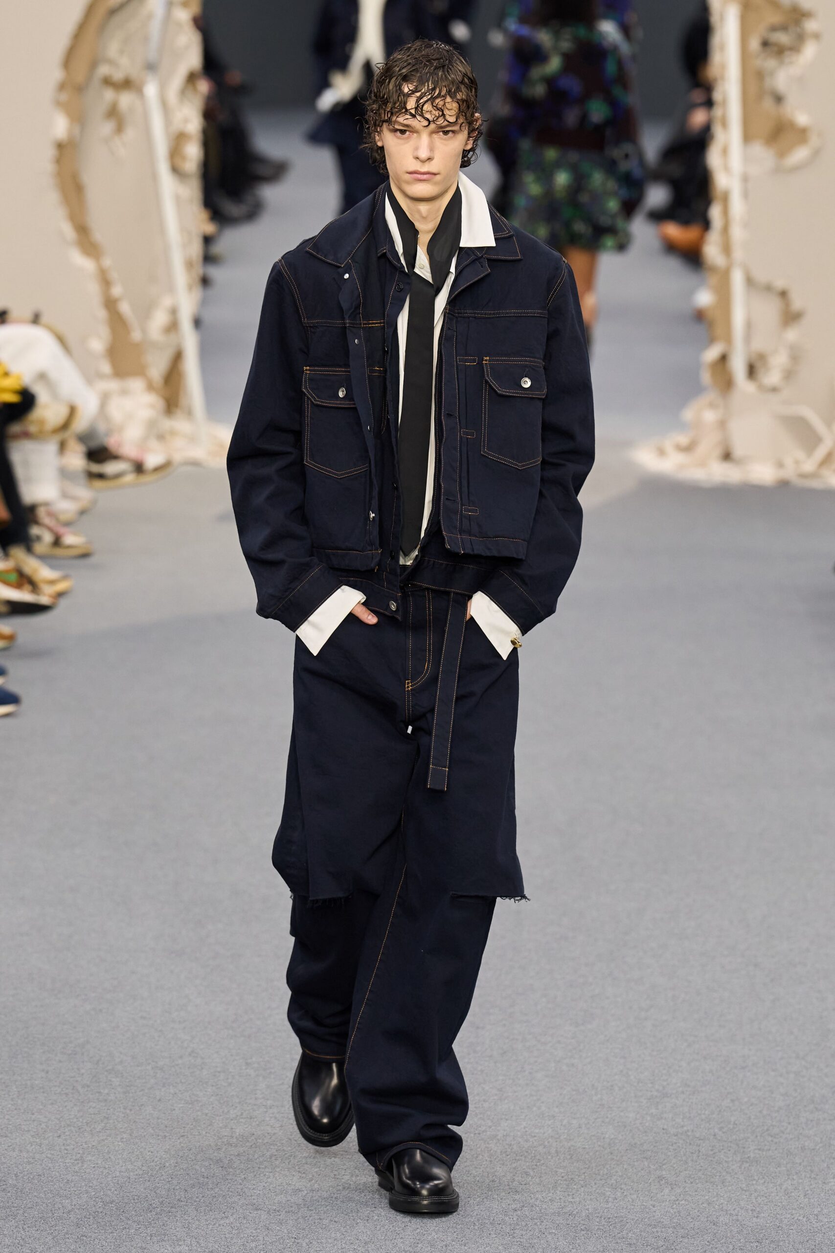 blue denim jacket with relaxed pants