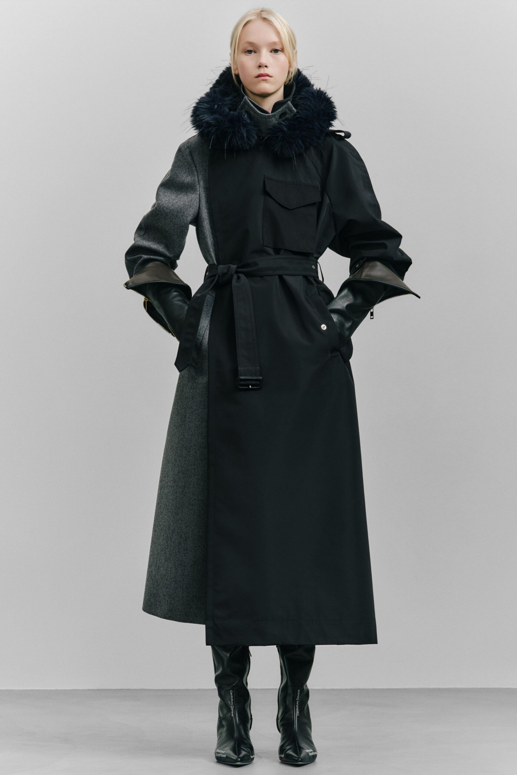 black wool long-sleeve collared fitted belted layered coat