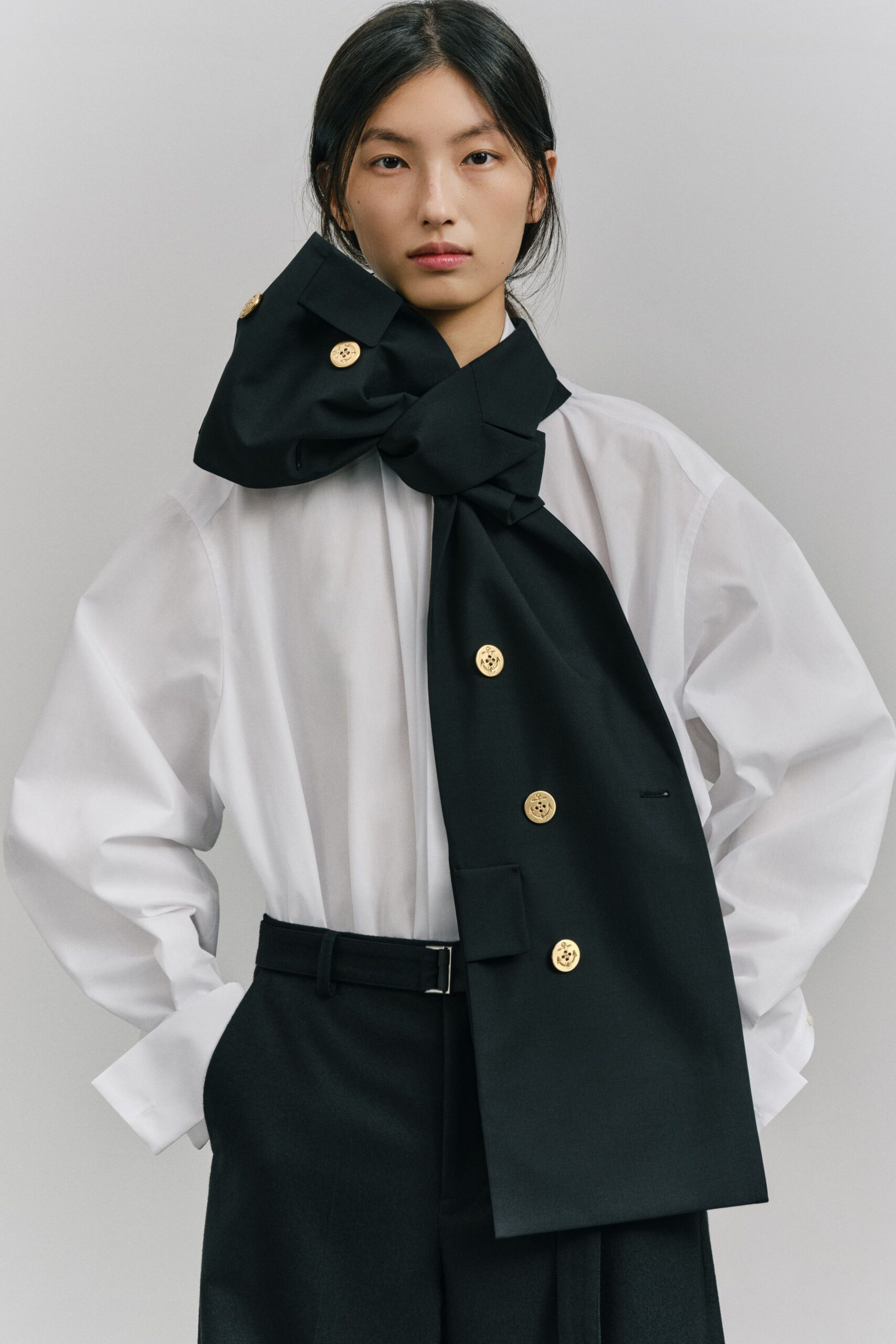 white shirt black pants scarf