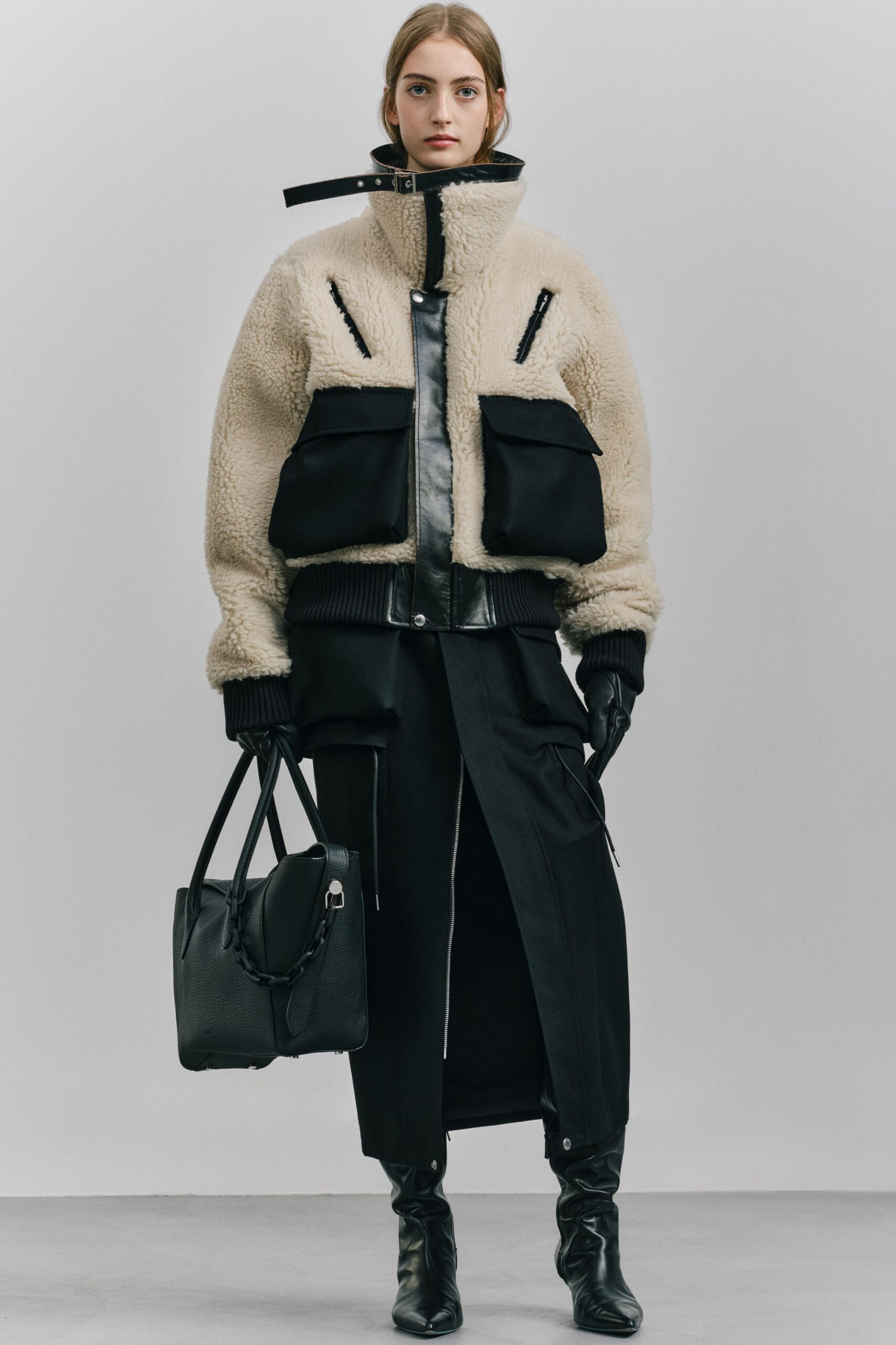 beige fur long-sleeve collared relaxed zippered pockets jacket