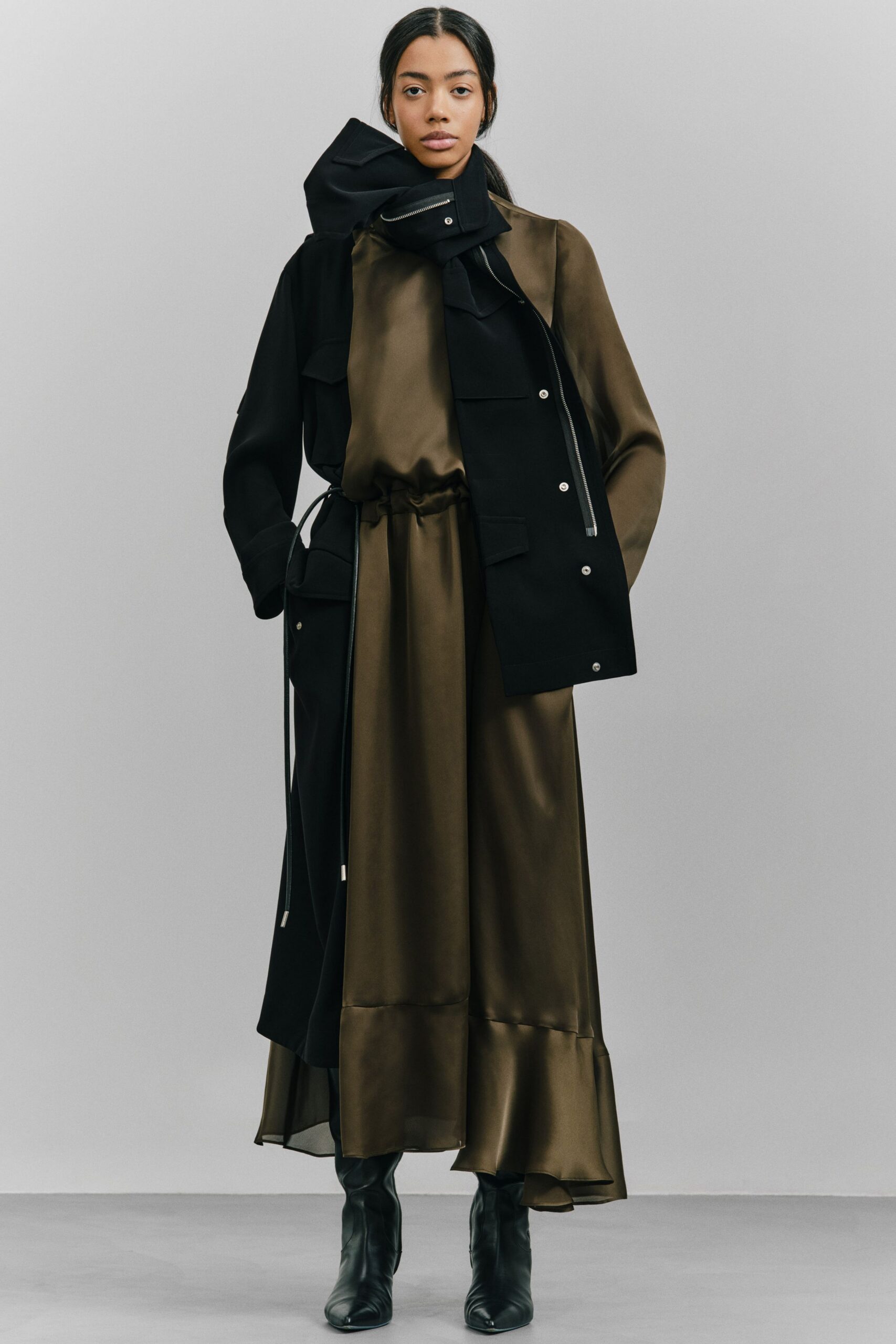 black silk midi dress with coat