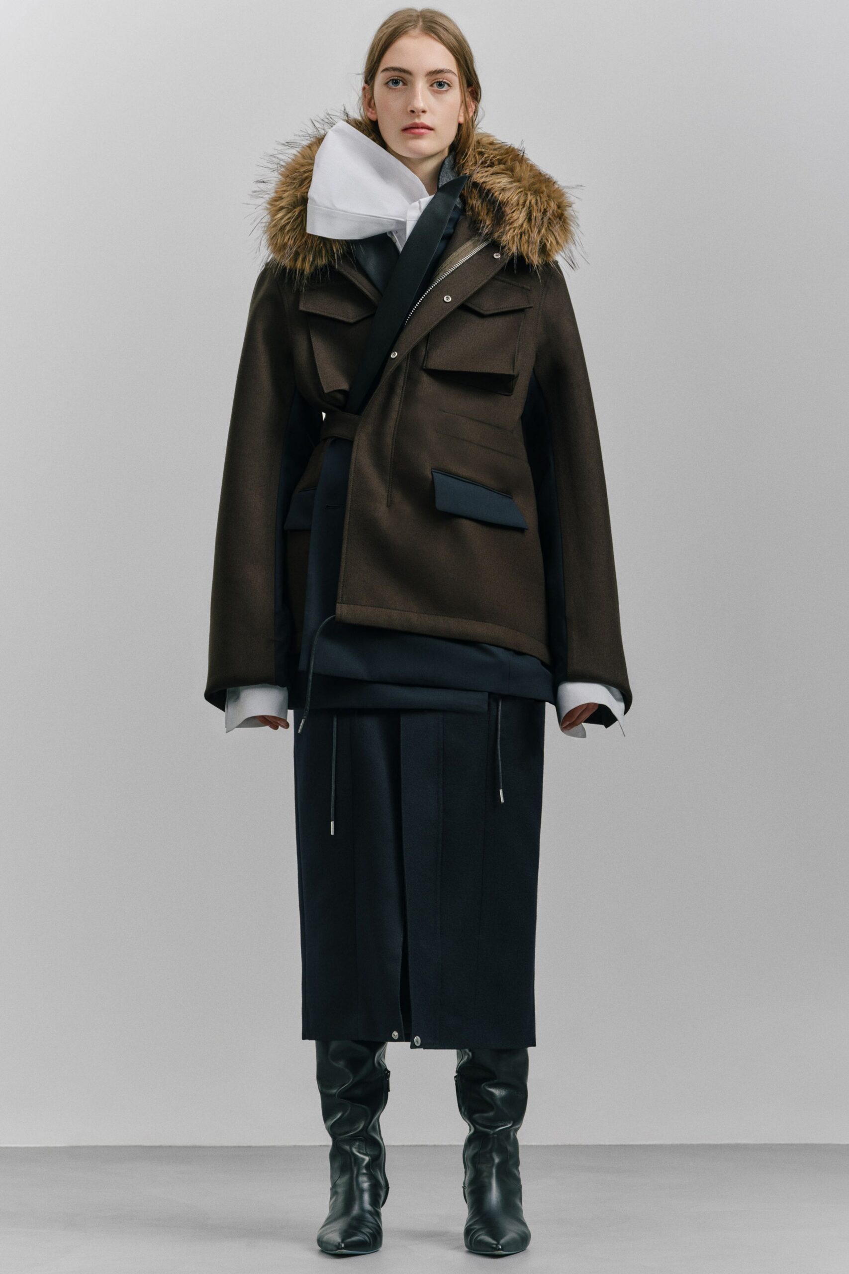 brown wool long-sleeve collared oversized zippered pockets coat