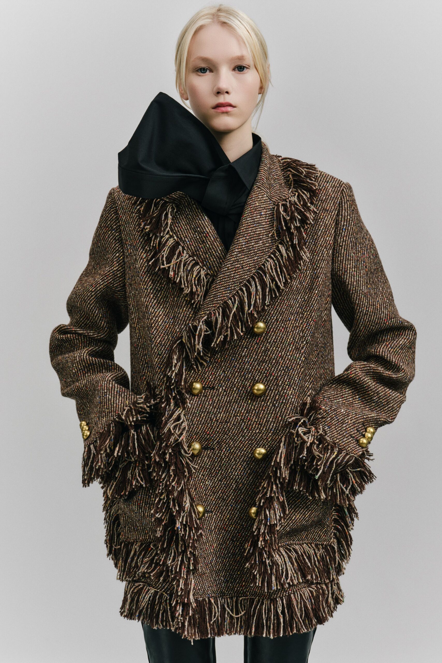 brown wool long-sleeve collared oversized fringed buttoned coat