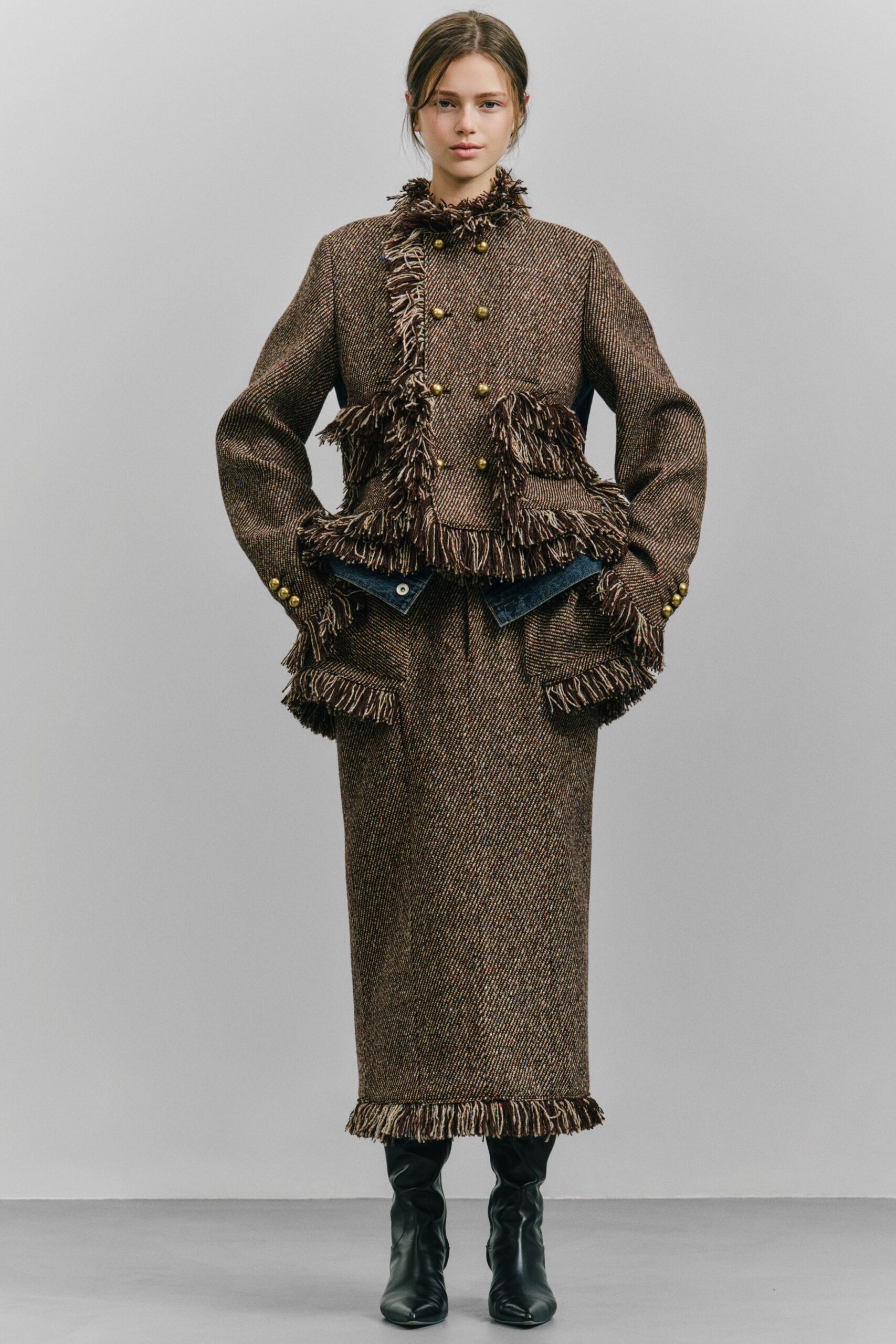 brown tweed long-sleeve collared structured fringed buttoned jacket