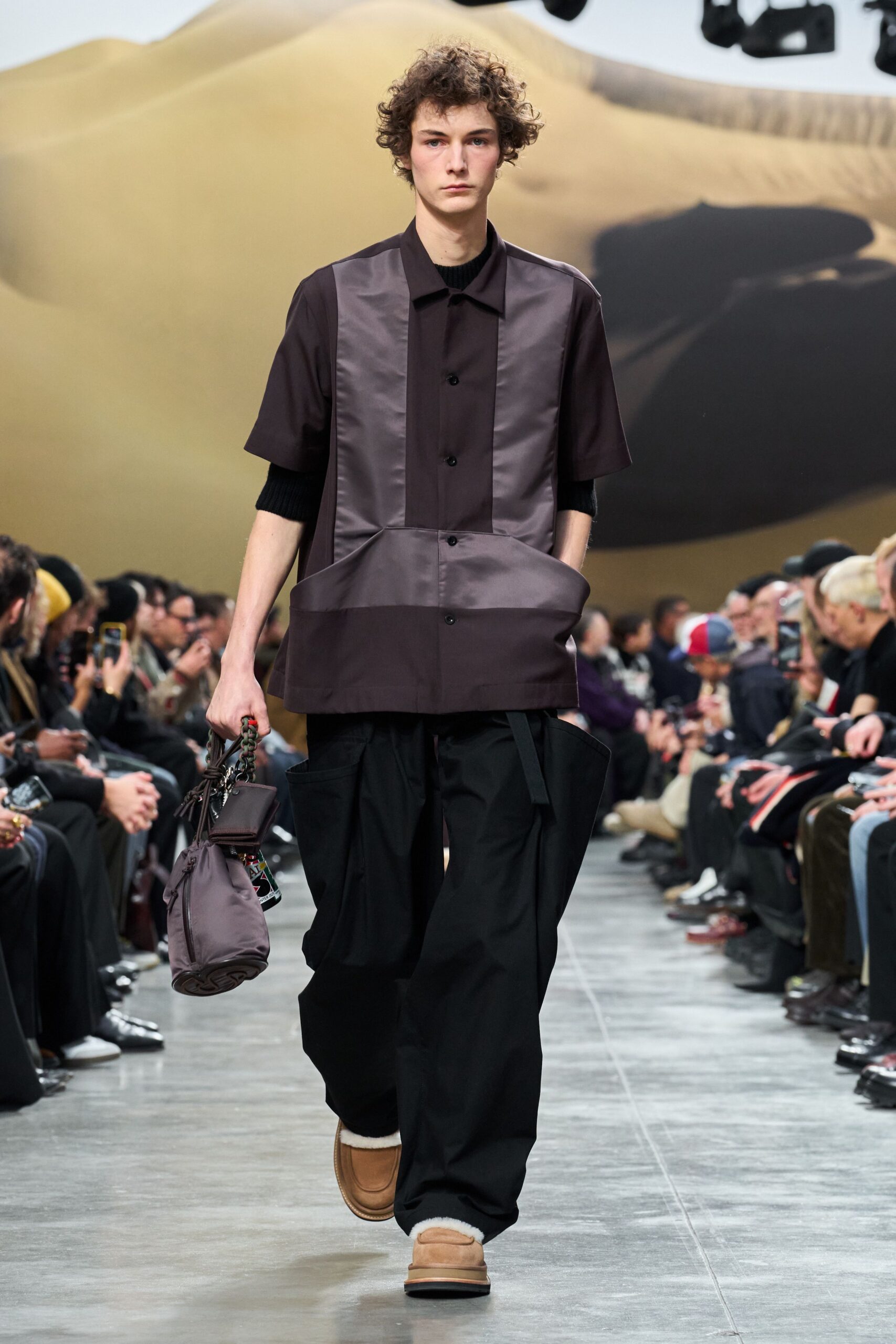 black cotton short-sleeve collared relaxed layered zippered shirt
