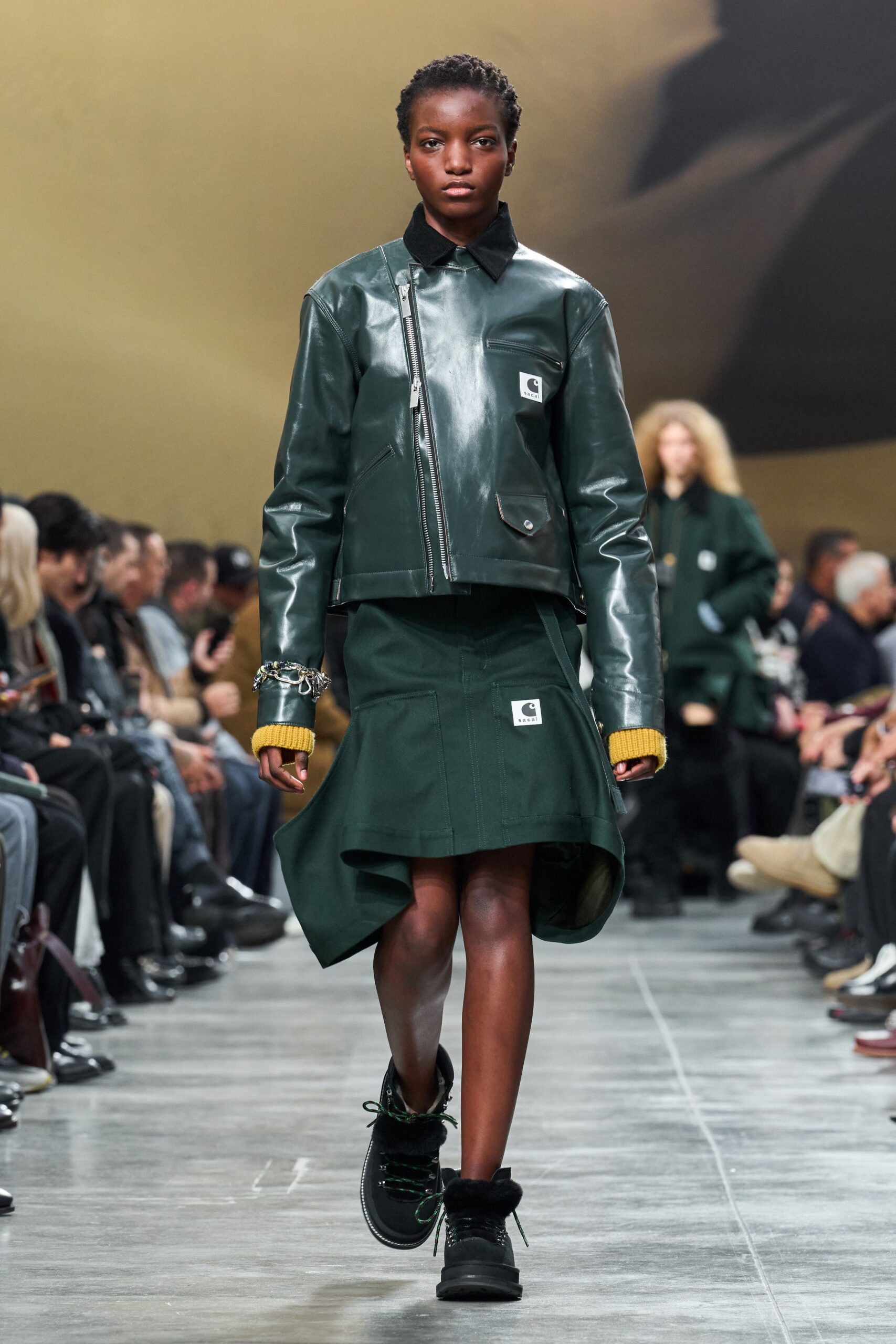 green leather long-sleeve collared fitted jacket