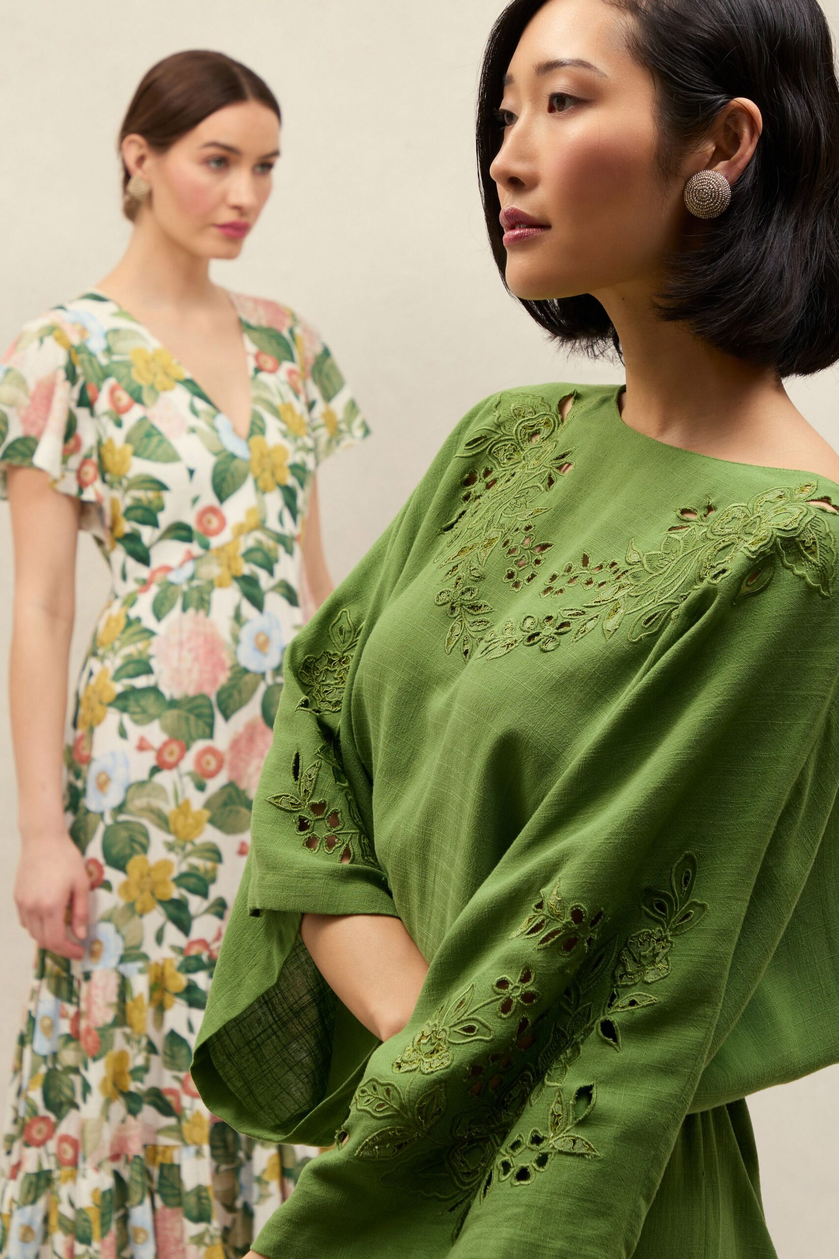 green cotton long-sleeve v-neck relaxed embroidered maxi dress