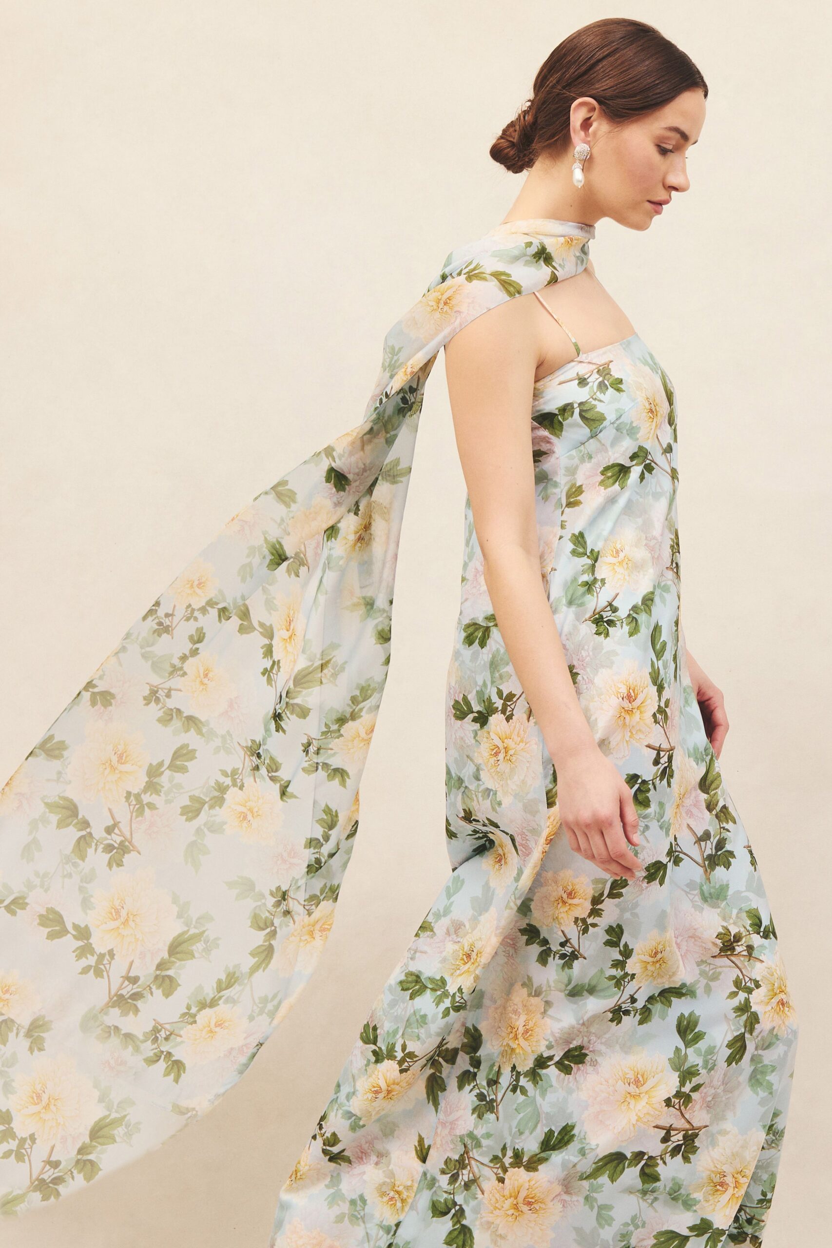 blue silk sleeveless high-neck fitted floral draped gown