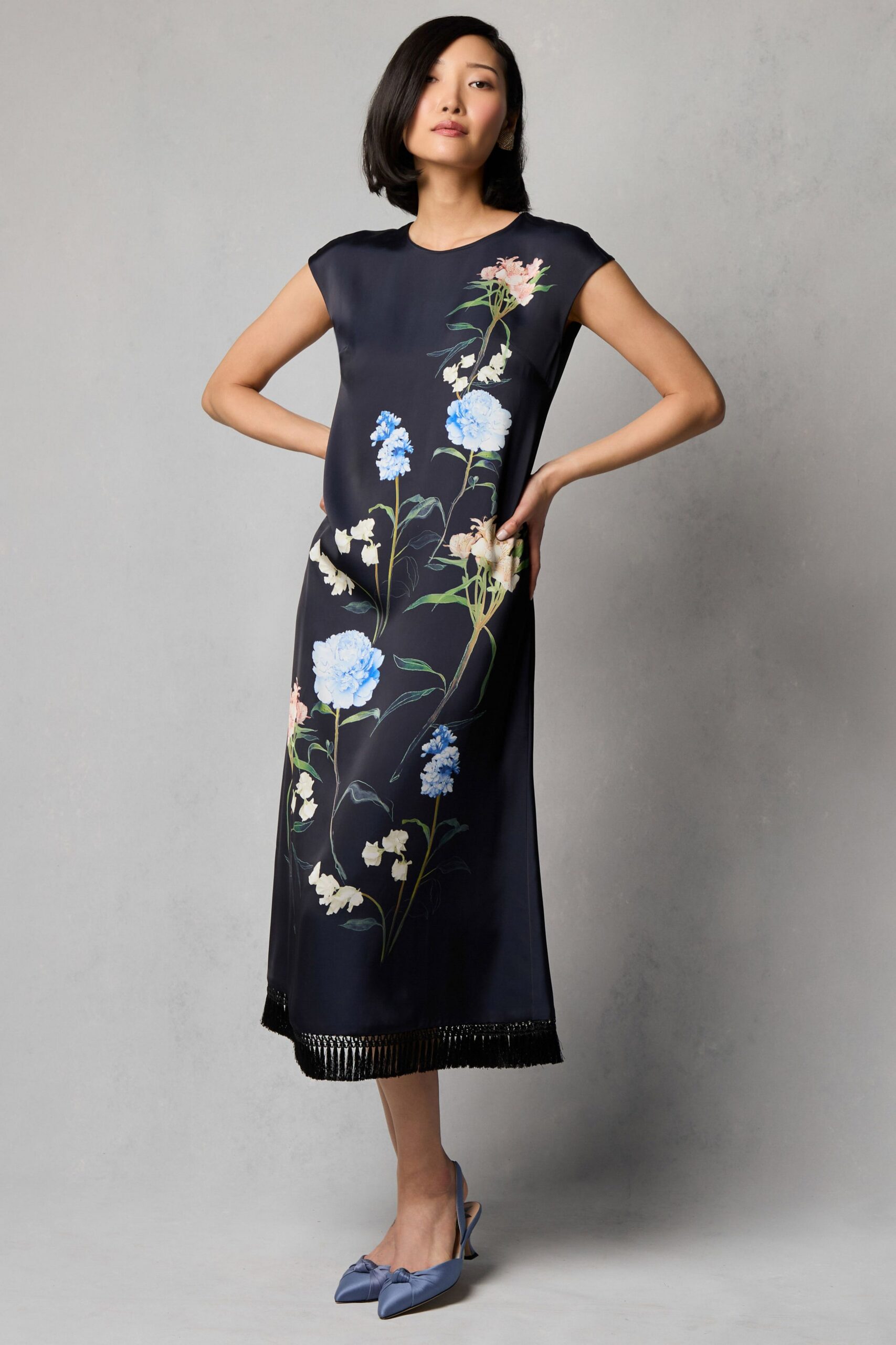 black silk short-sleeve high-neck fitted floral tiered dress