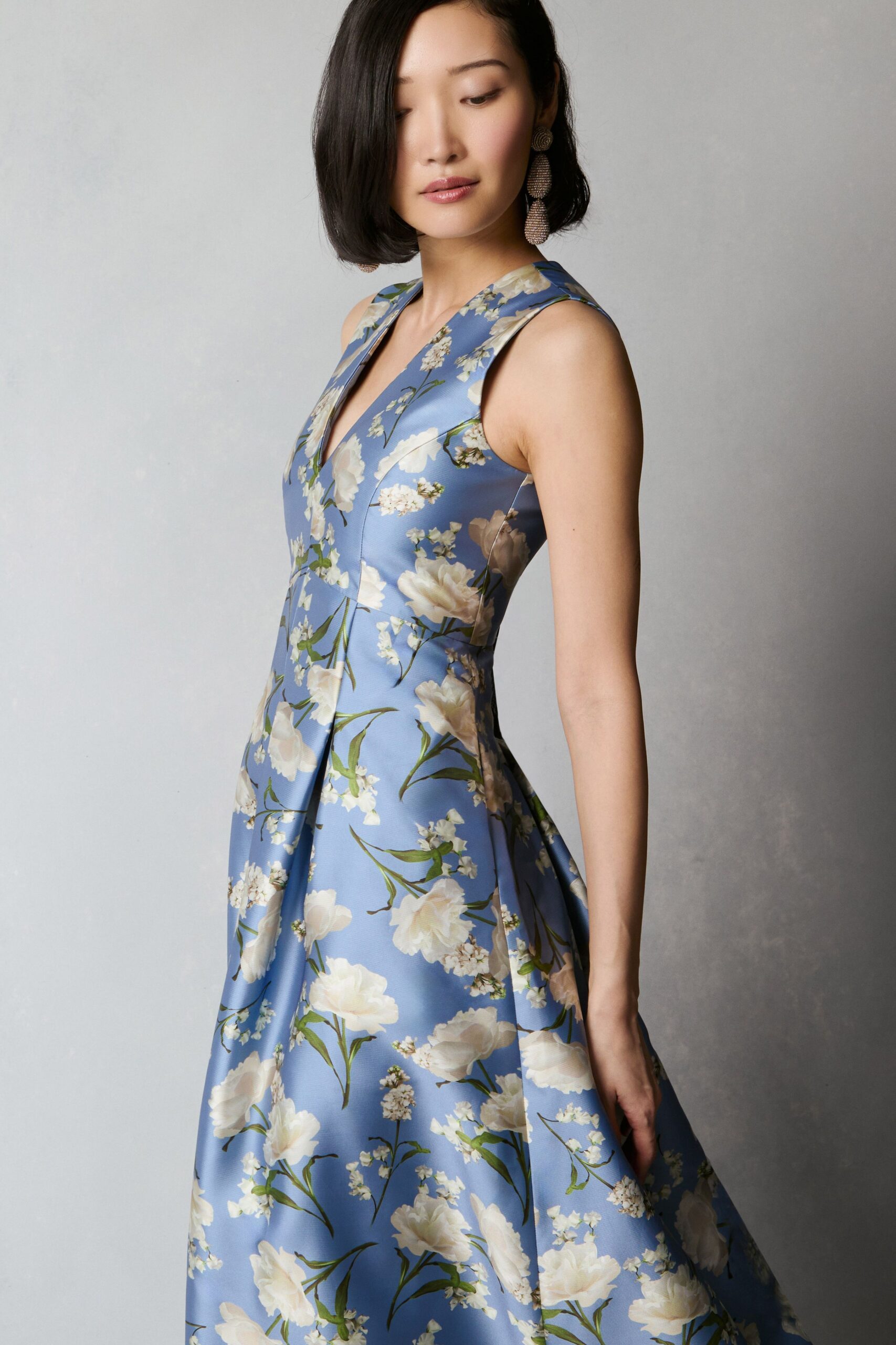 blue floral silk midi dress