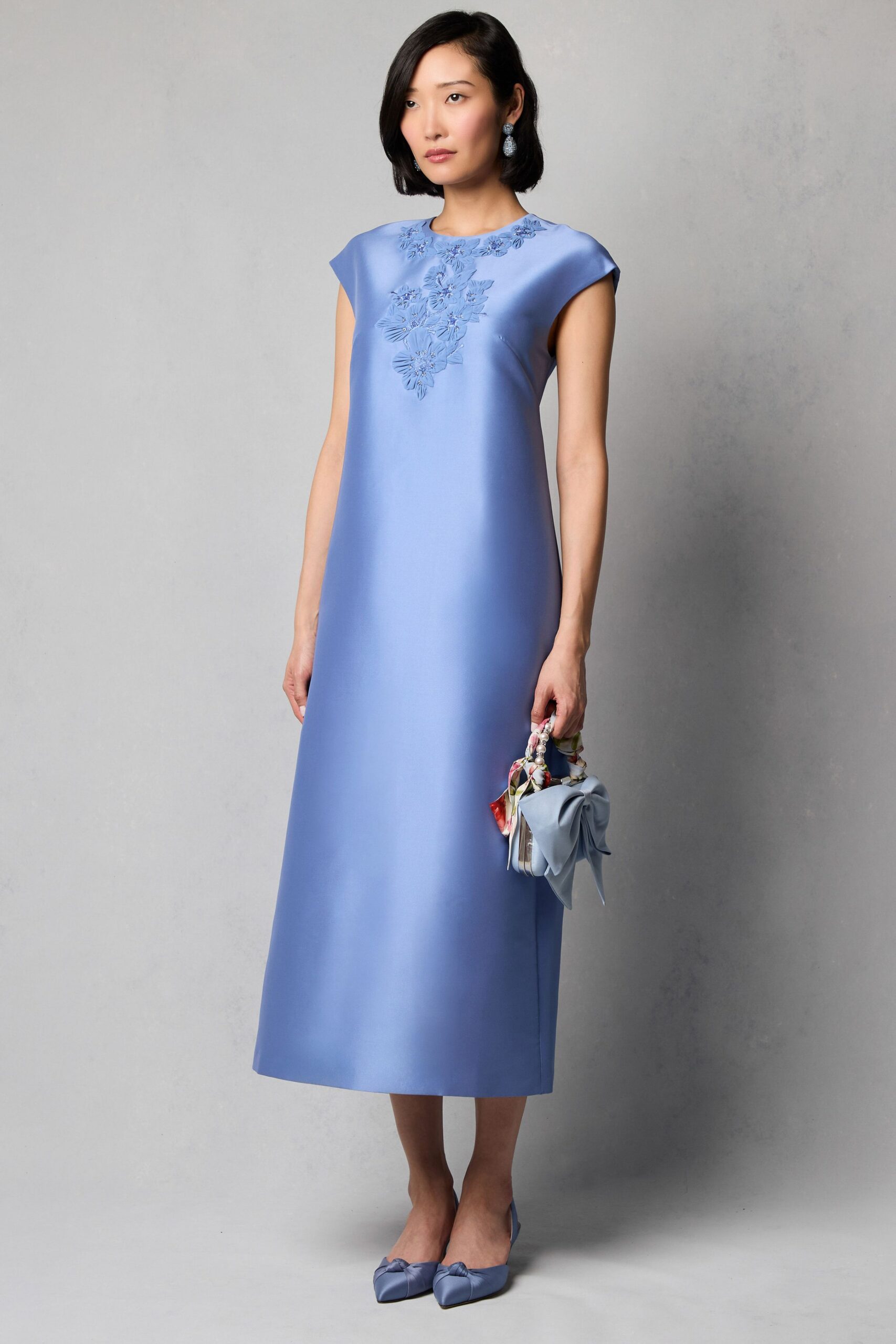 blue silk sleeveless high-neck fitted embroidered shiny dress