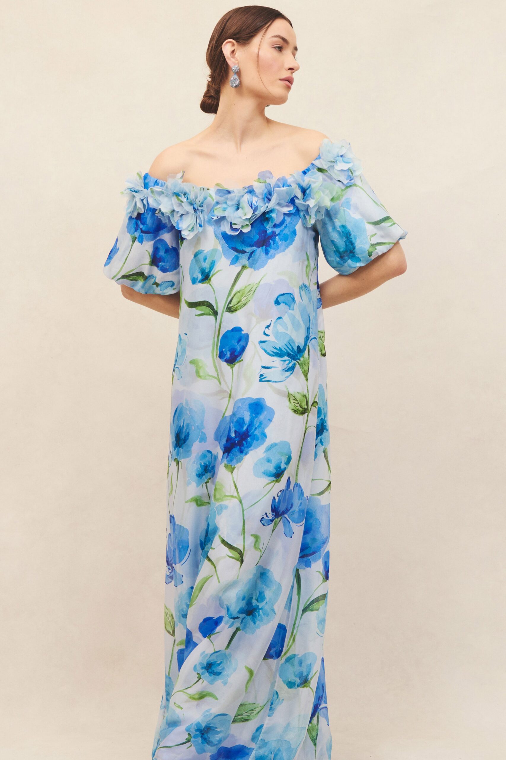 blue floral off-shoulder gown