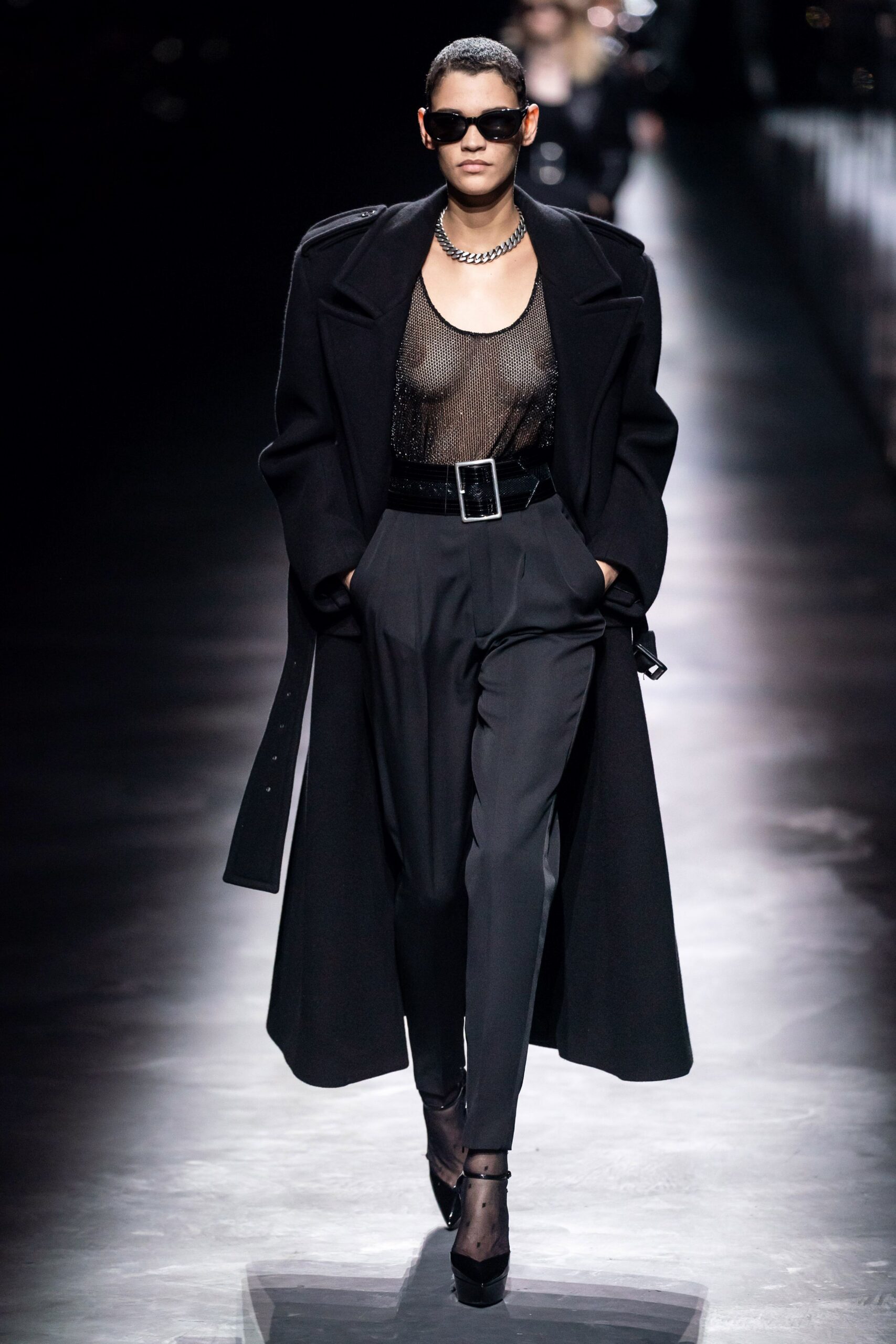 black wool long-sleeve collared relaxed belted maxi coat