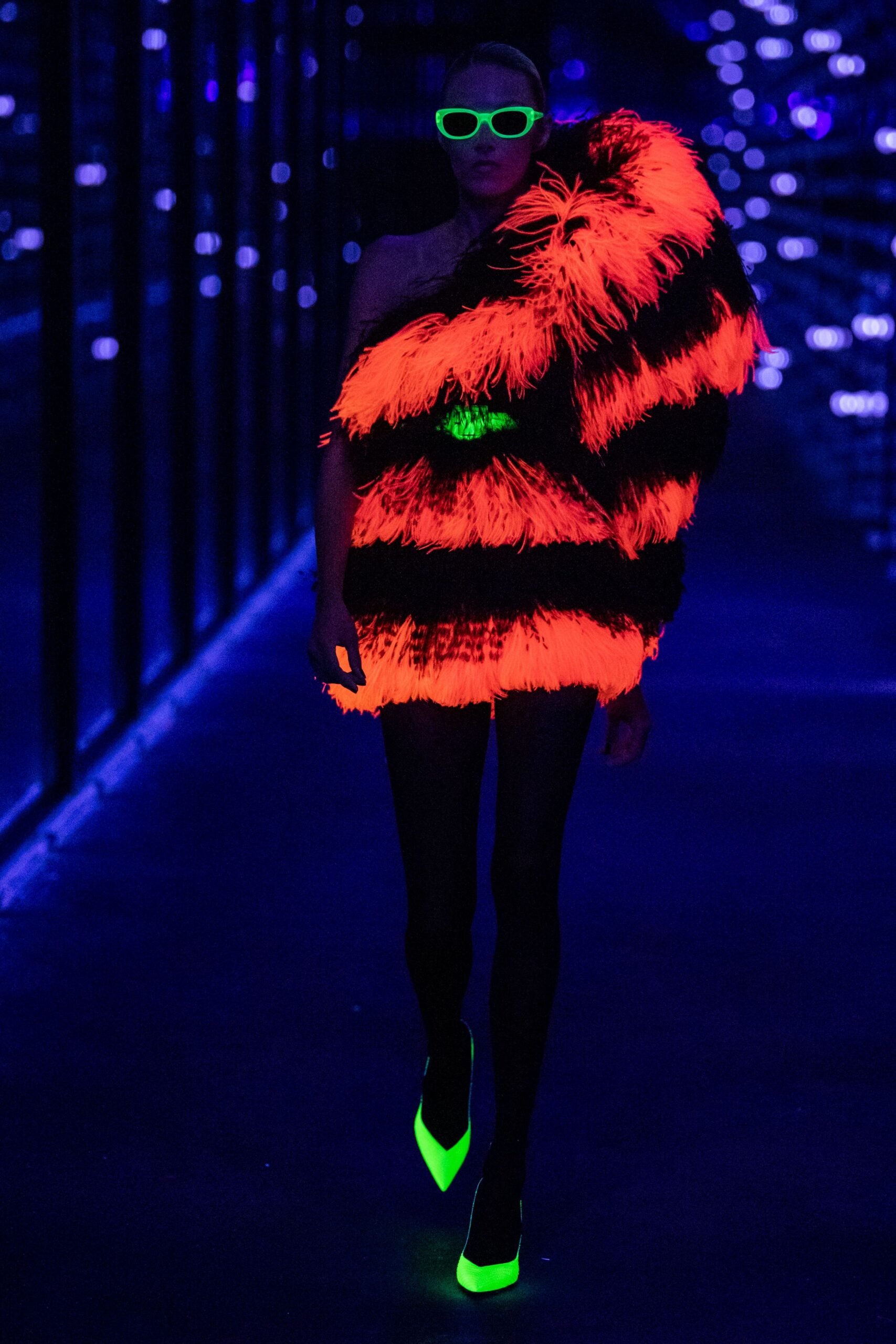 orange fur sleeveless off-shoulder fitted fringed shiny coat