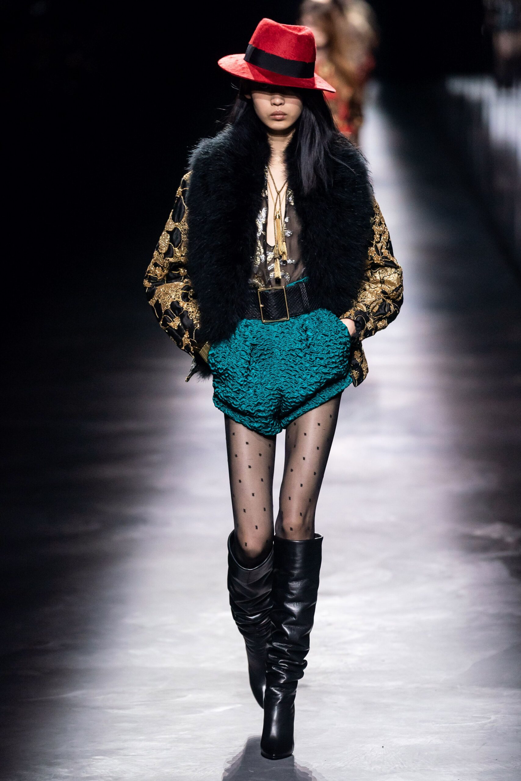 gold silk long-sleeve collared fitted printed jacket