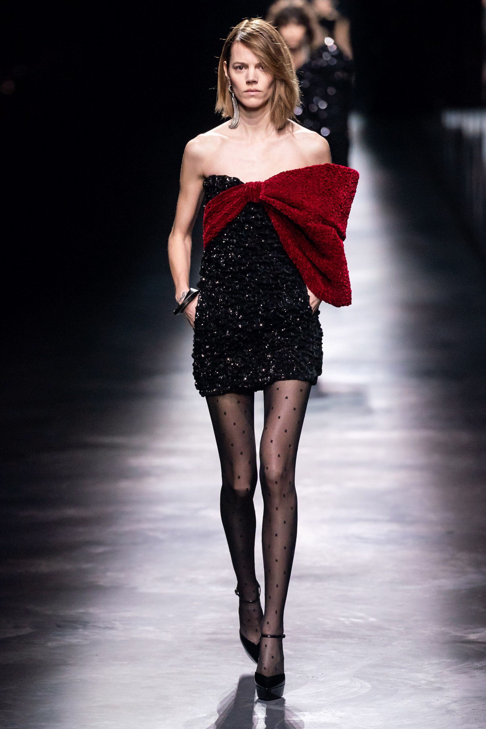 black silk strapless fitted ruffled embellished shiny mini-dress