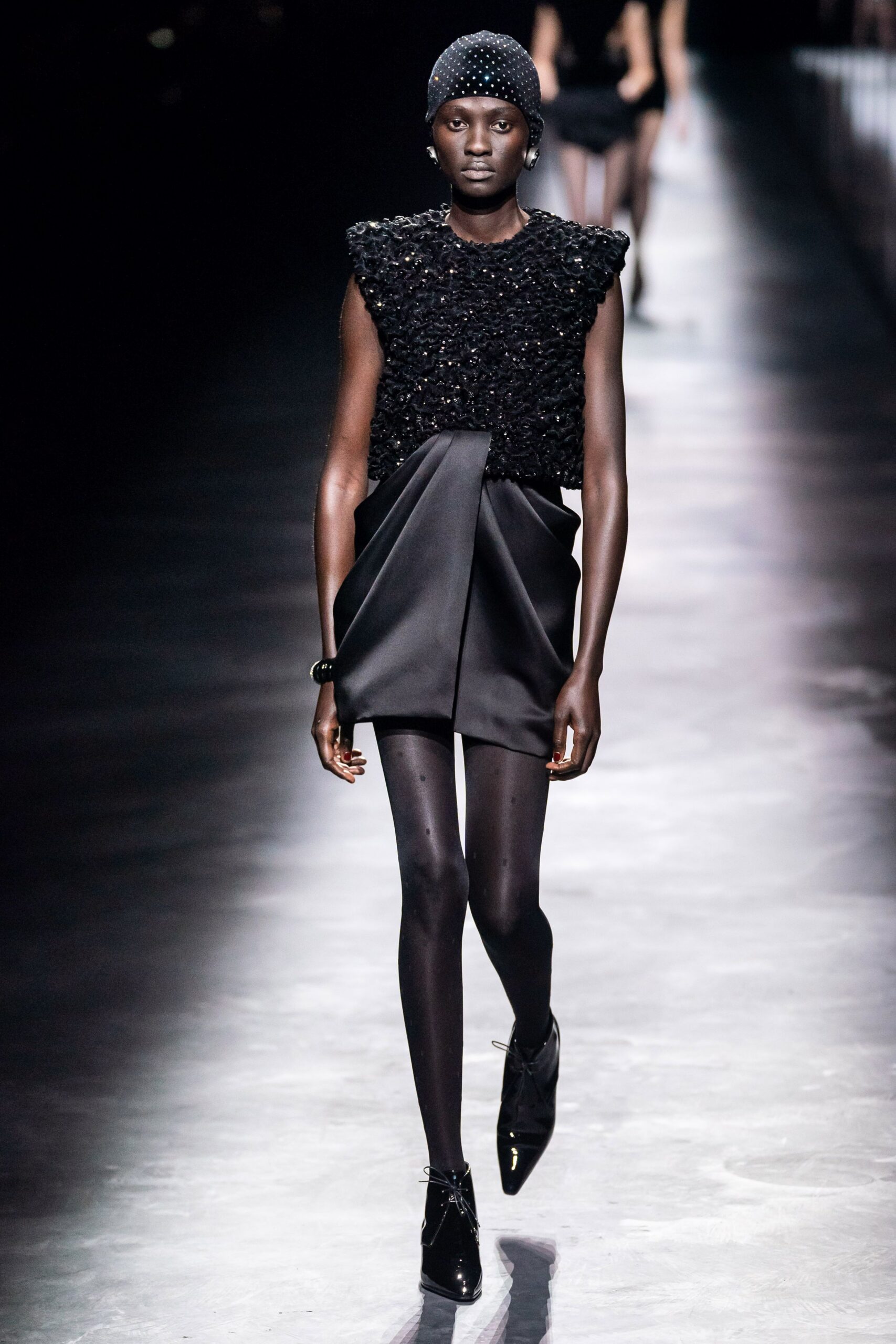 black silk sleeveless v-neck fitted pleated embellished dress