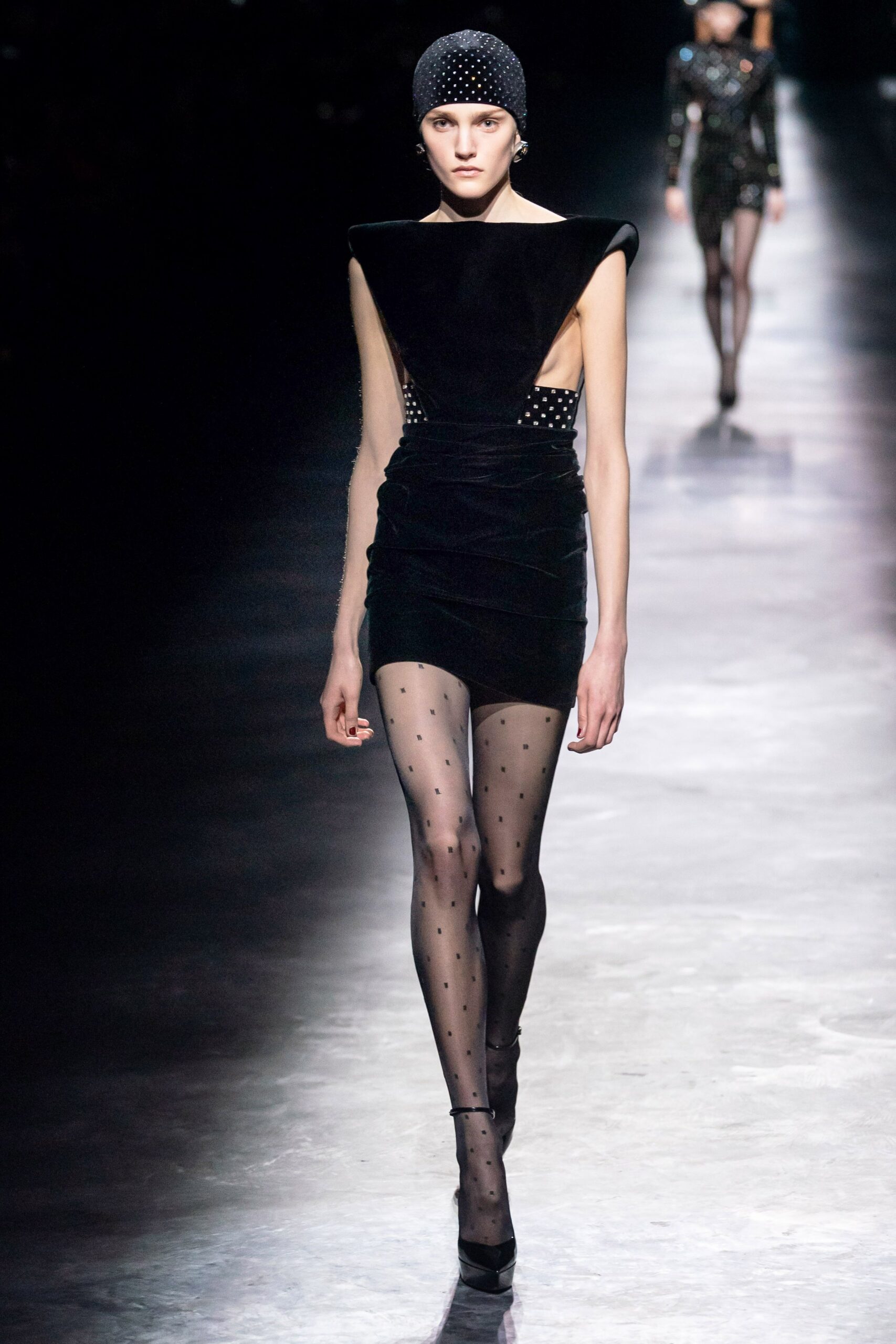 black velvet sleeveless high-neck fitted padded mini mini-dress