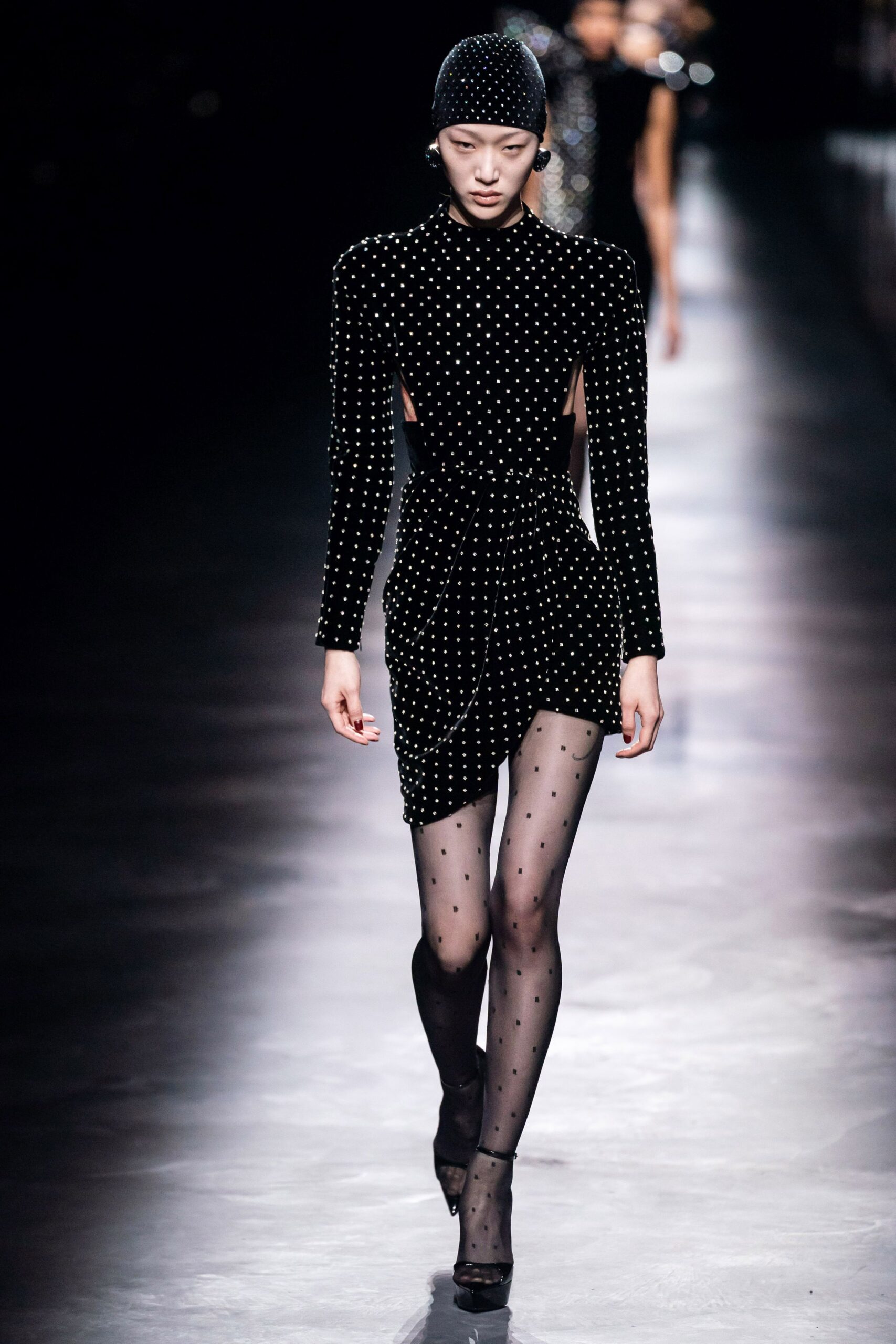 black velvet long-sleeve high-neck fitted ruched polka-dot dress