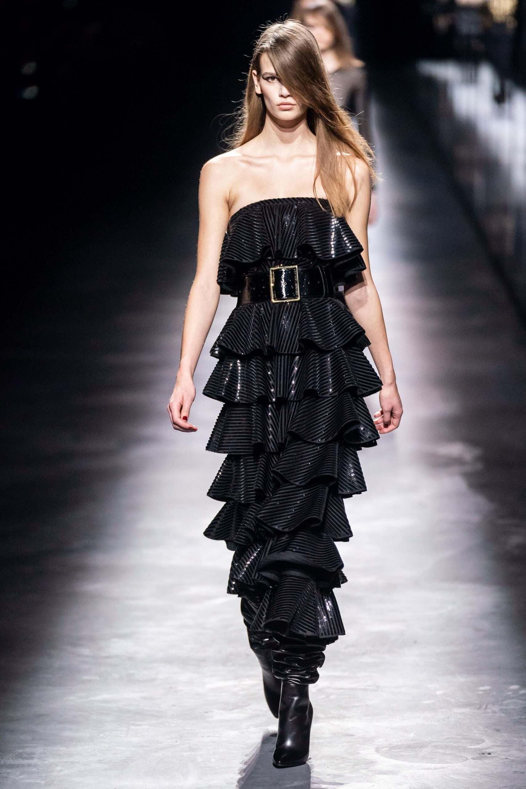 black silk strapless fitted ruffled shiny maxi gown