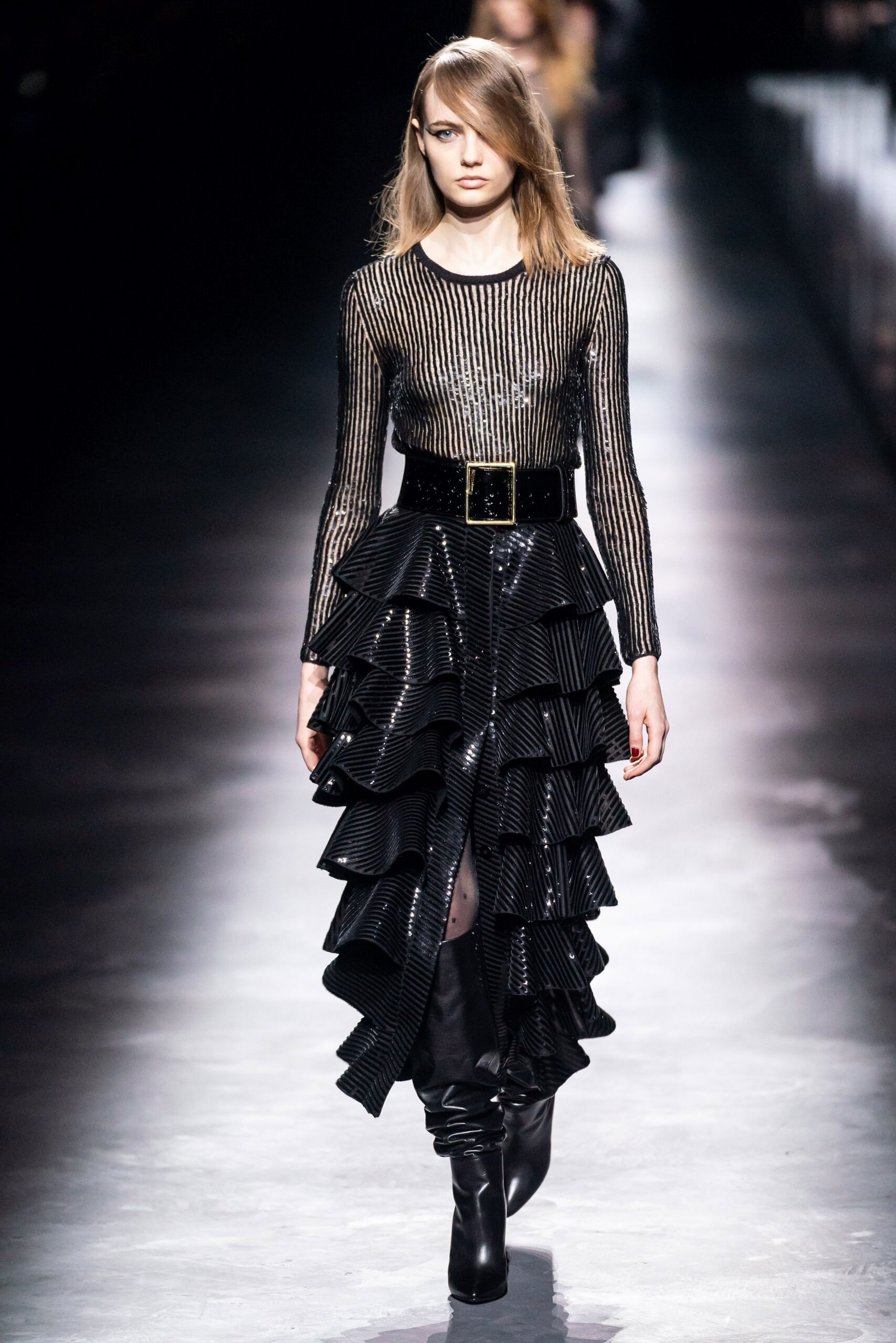 black silk long-sleeve v-neck fitted pleated layered dress