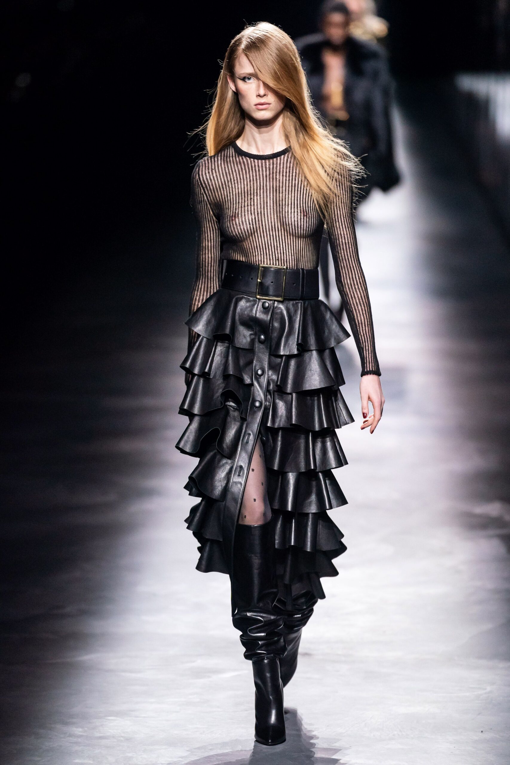 black leather slit fitted high-waisted buttoned tiered skirt