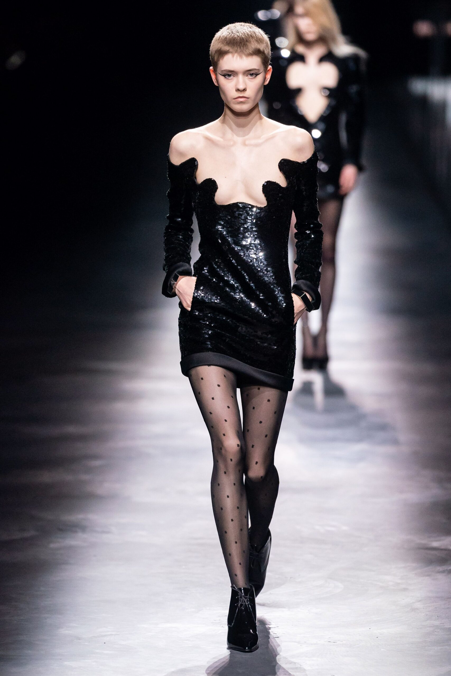 black sequin long-sleeve off-shoulder fitted embellished shiny mini-dress