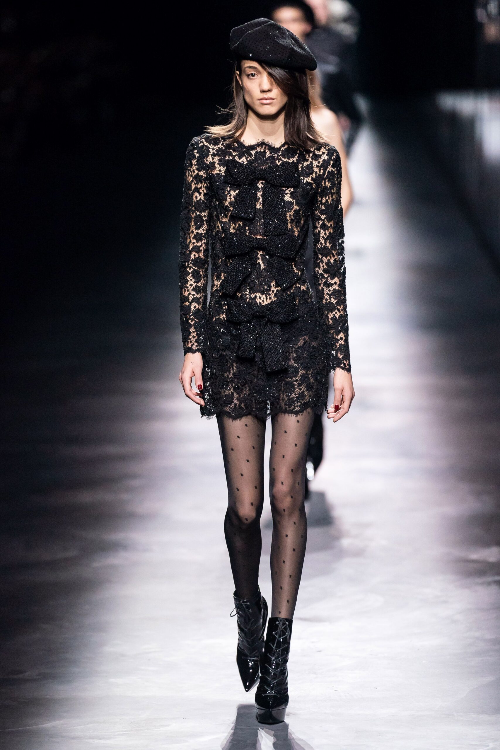black lace long-sleeve collared fitted ruffled embroidered dress