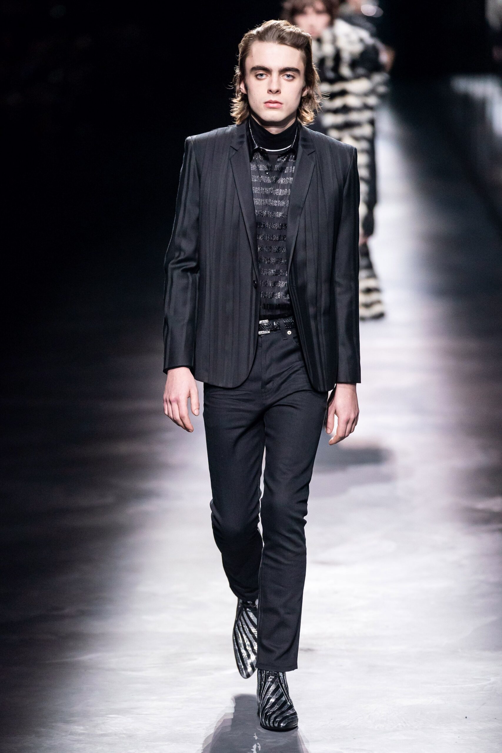 black cotton long-sleeve collared tailored striped buttoned suit