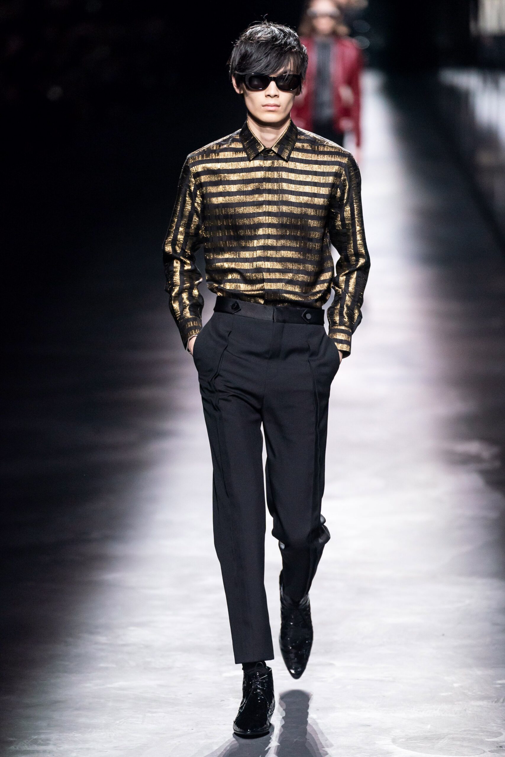 black silk long-sleeve collared fitted striped shiny shirt