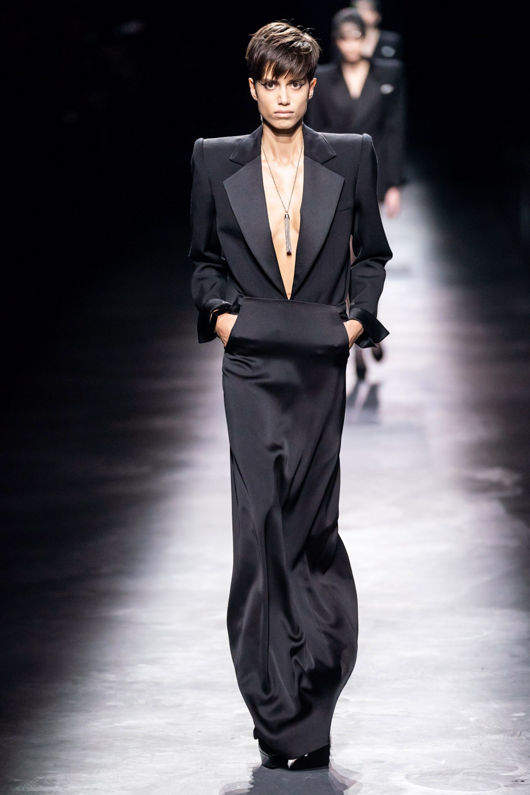 black silk fitted gown