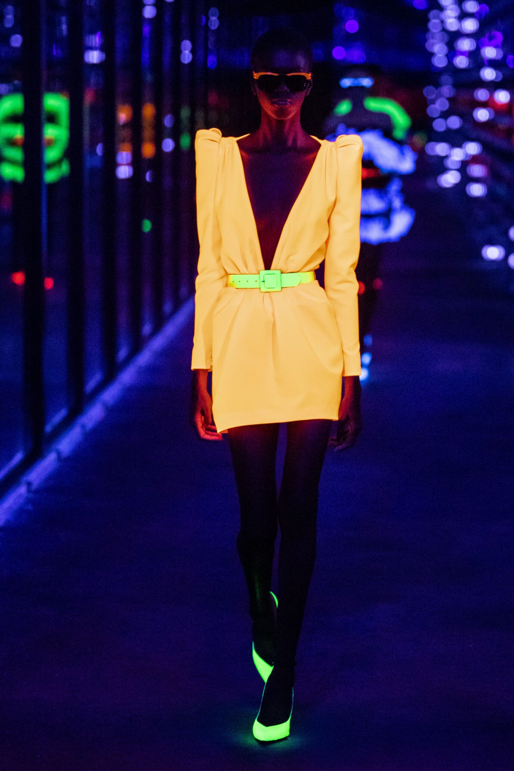 yellow satin long-sleeve v-neck fitted belted shiny dress