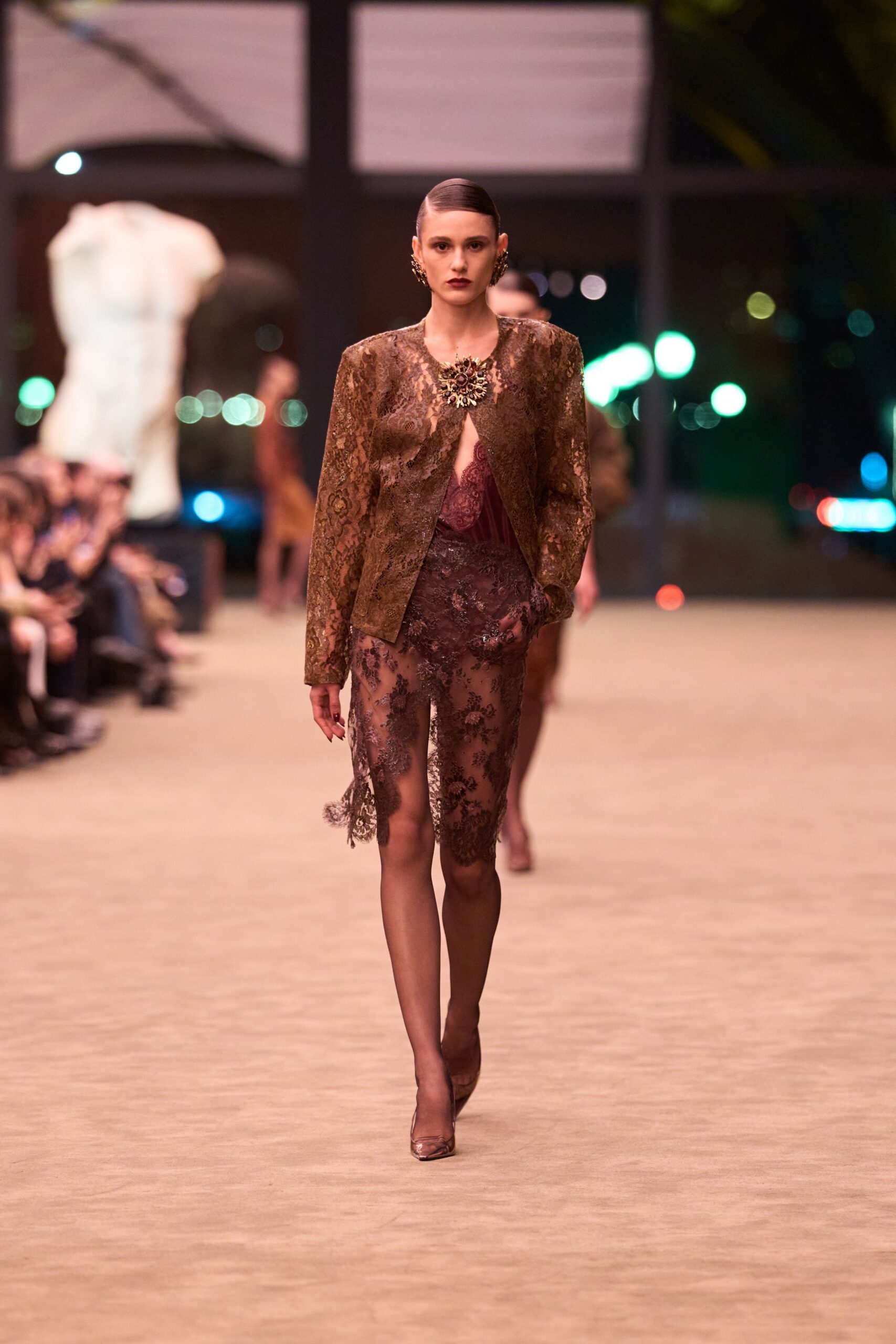 brown lace long-sleeve collared fitted embroidered jacket
