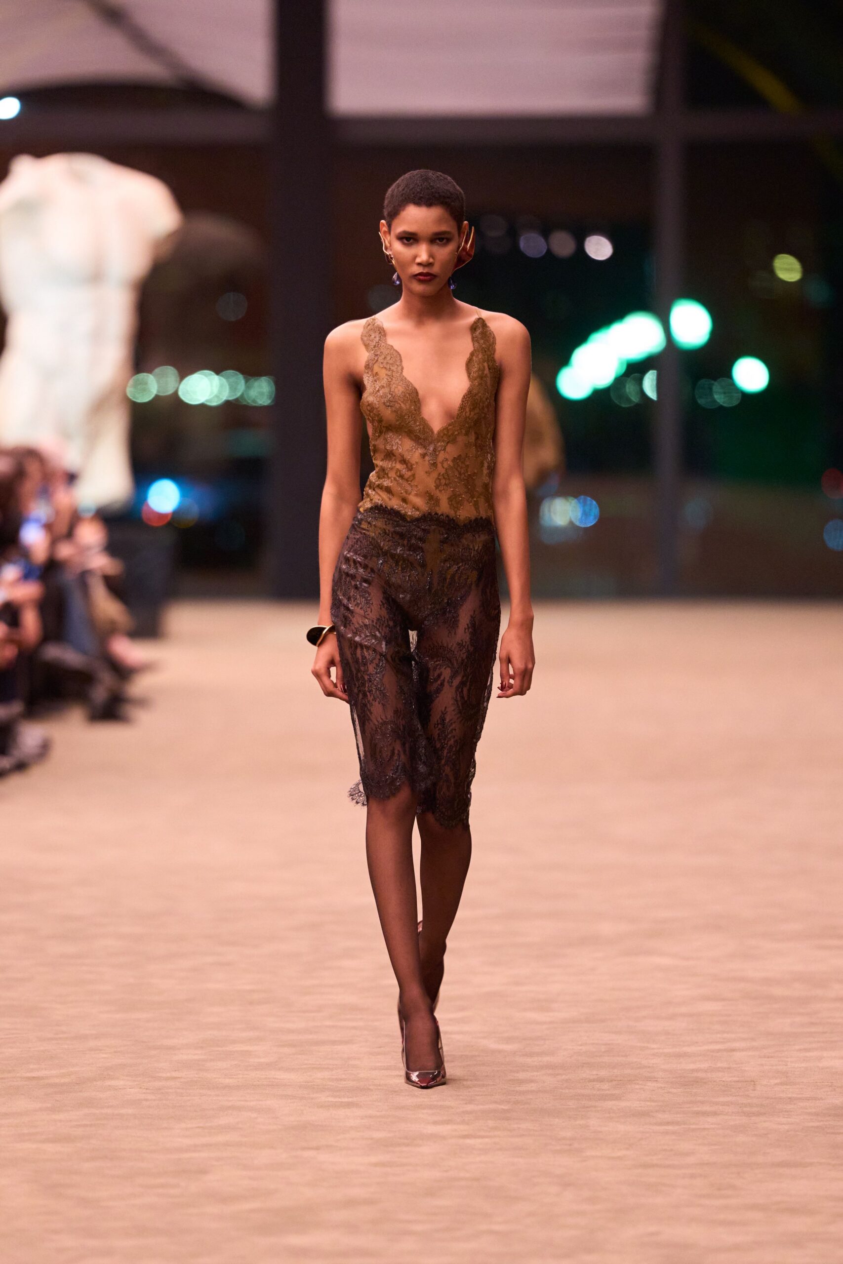 brown lace sleeveless v-neck fitted embroidered bodysuit