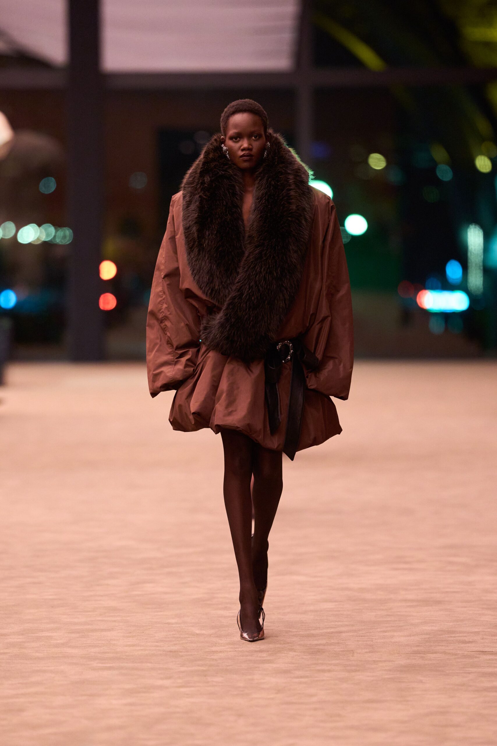 brown silk long-sleeve collared oversized ruffled short coat